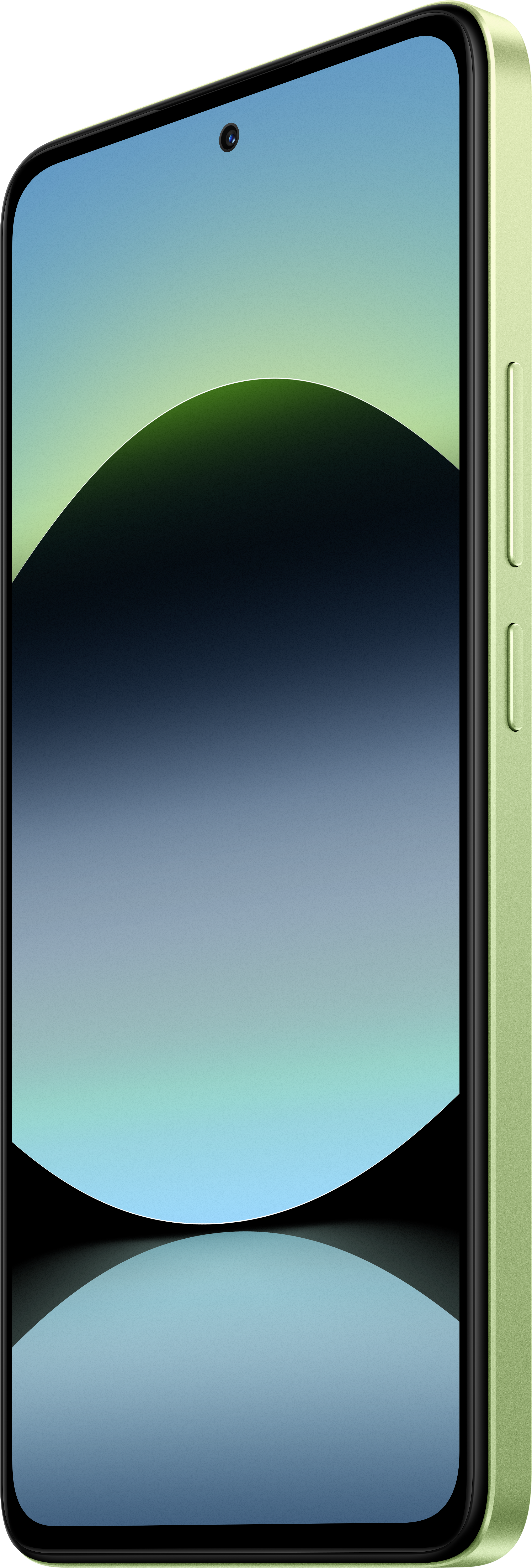 Ein grünes Smartphone wird von der Seite mit eingeschaltetem Bildschirm gezeigt.