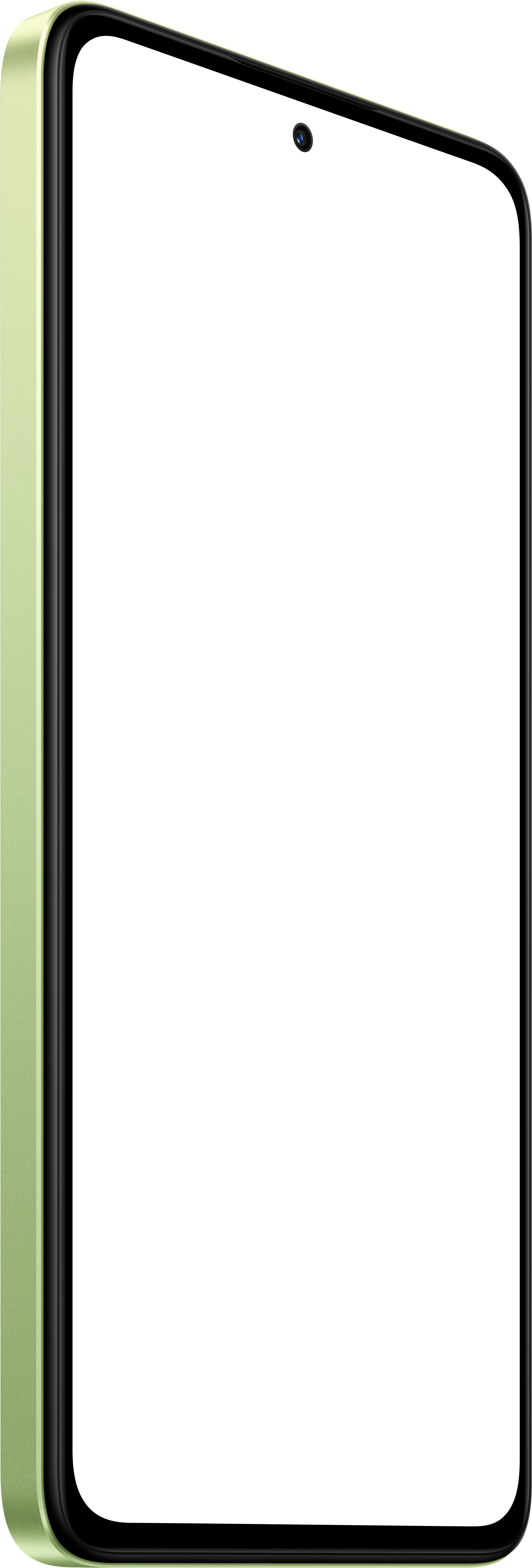 Grünes Smartphone, Seitenansicht mit schwarzem Bildschirm. Kamera oben. Hellgrüner Rahmen um den Bildschirm.