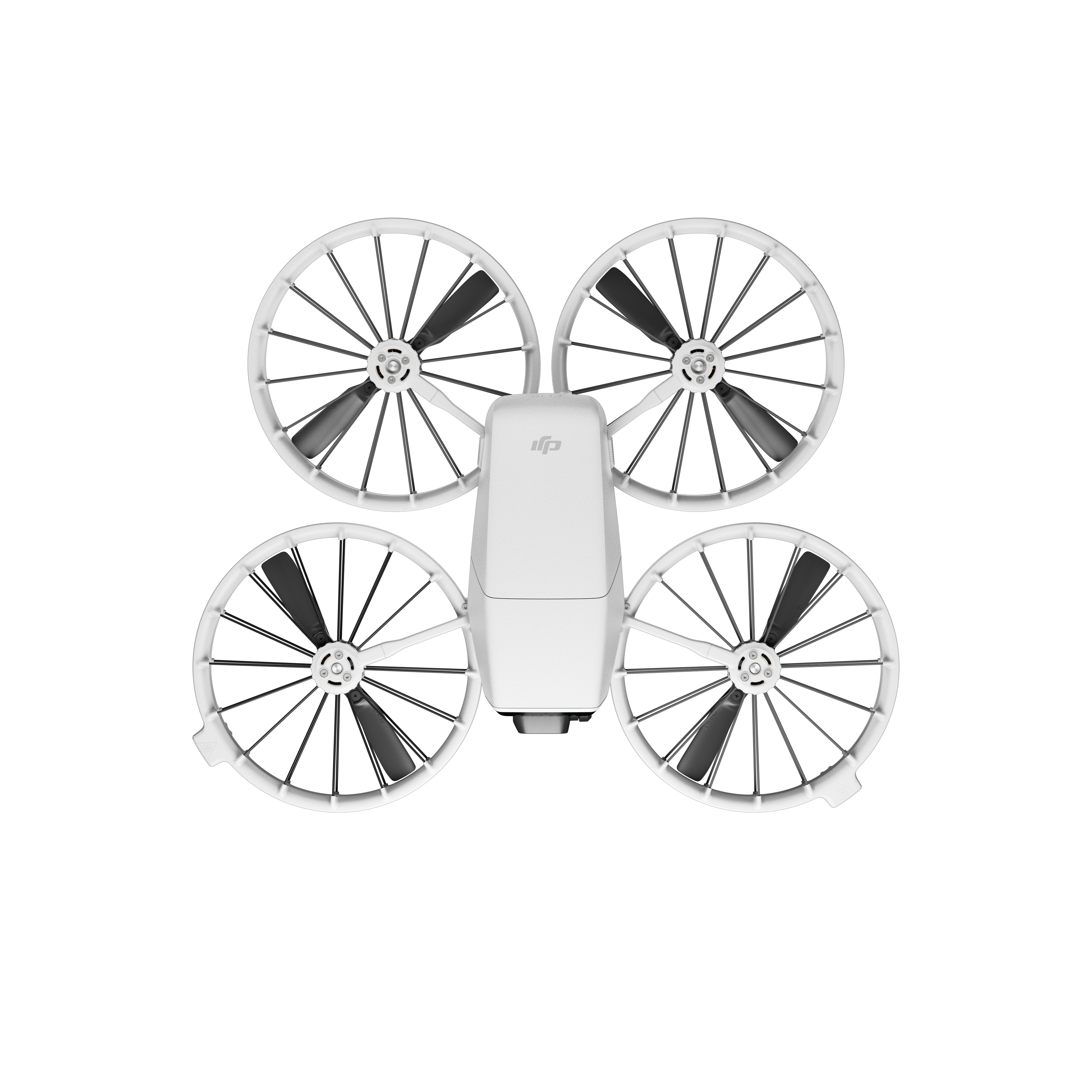 Weiße Drohne mit vier Propellern und schwarzen Blättern auf weißem Hintergrund. DJI-Logo auf dem Körper.