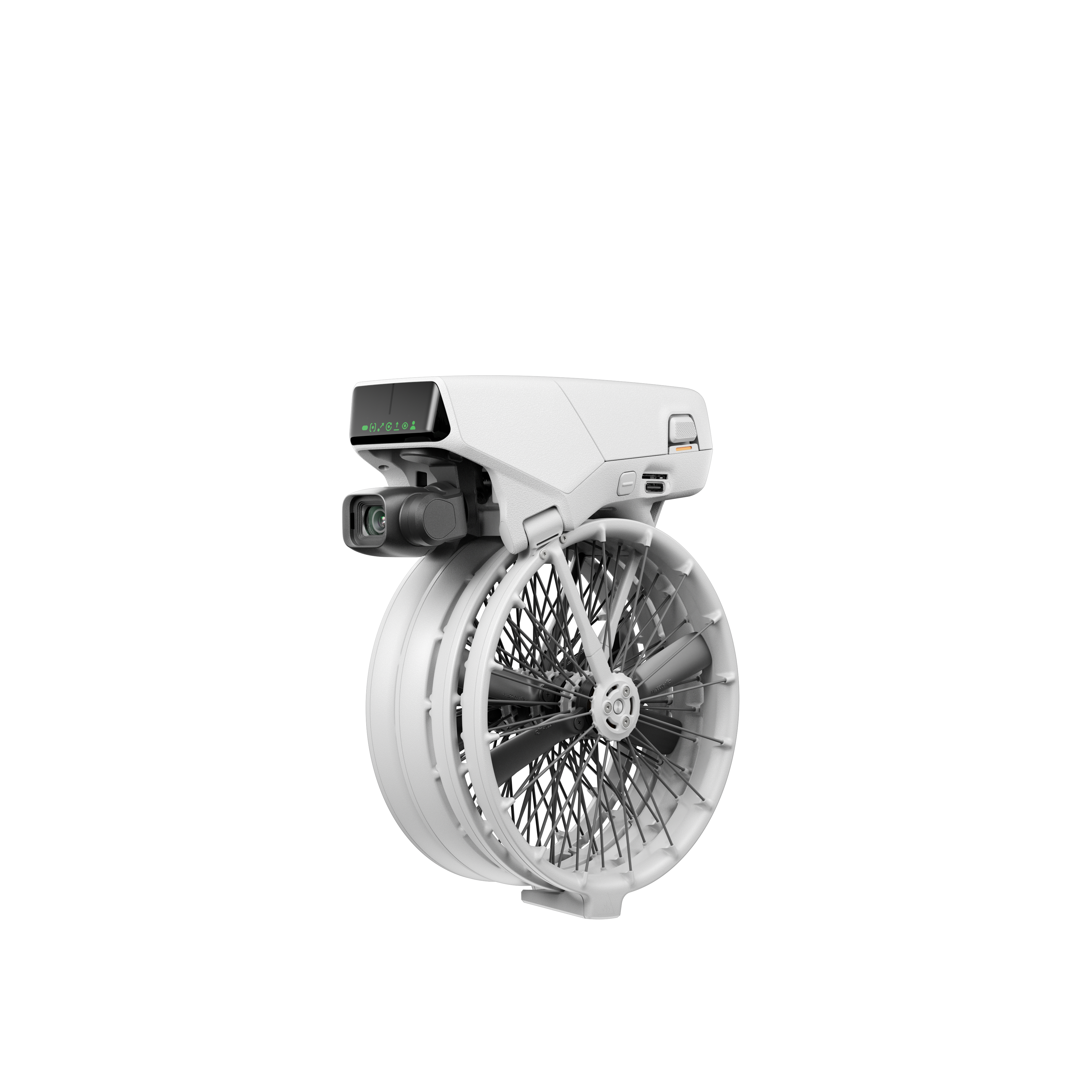 Weiße Drohne mit Kamera und kreisförmigem Lüfterdesign auf weißem Hintergrund.