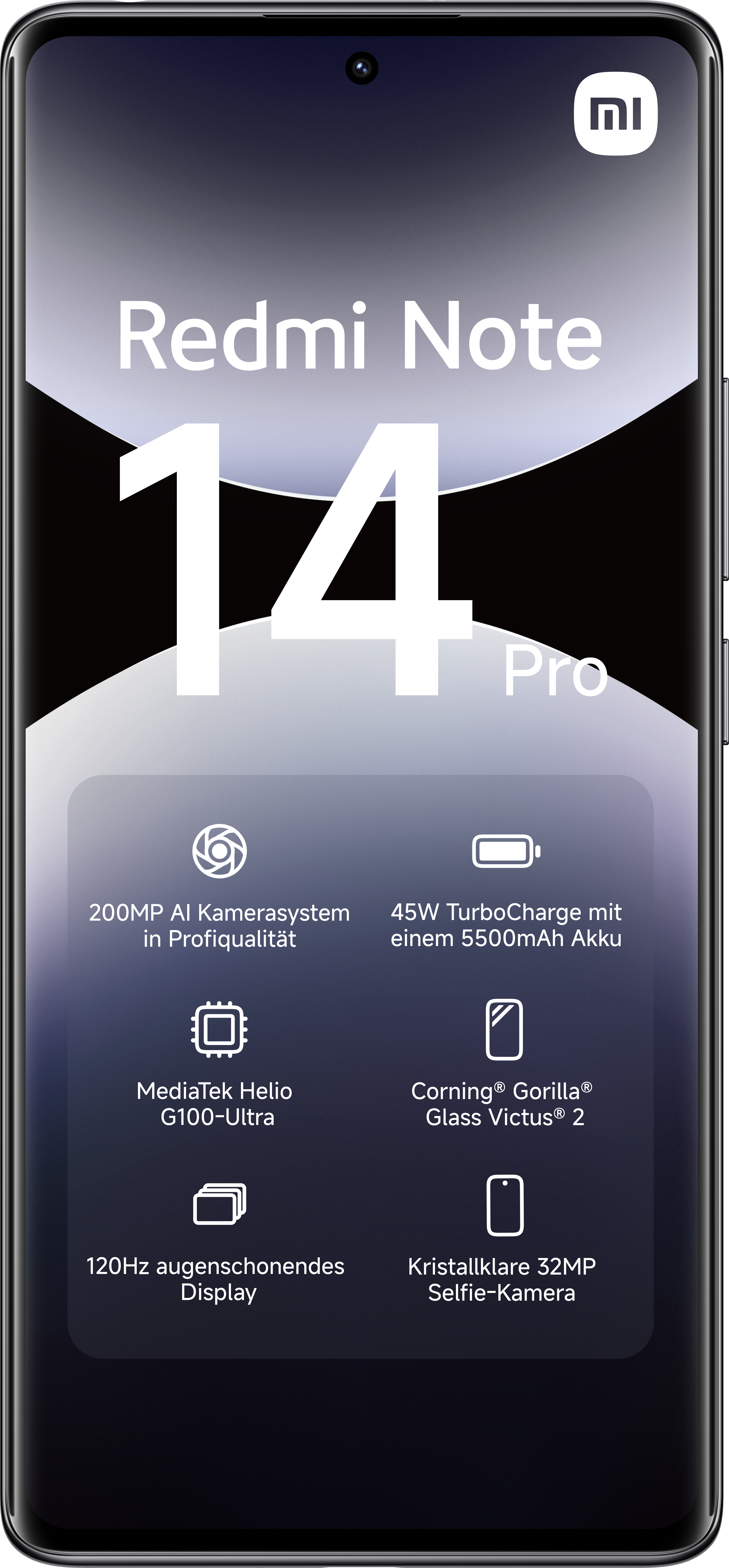 Redmi Note 14 Pro mit Features: 200MP Kamera, 45W Laden, MediaTek Helio, Gorilla Glass, 120Hz Display, und 32MP Selfie Kamera.
