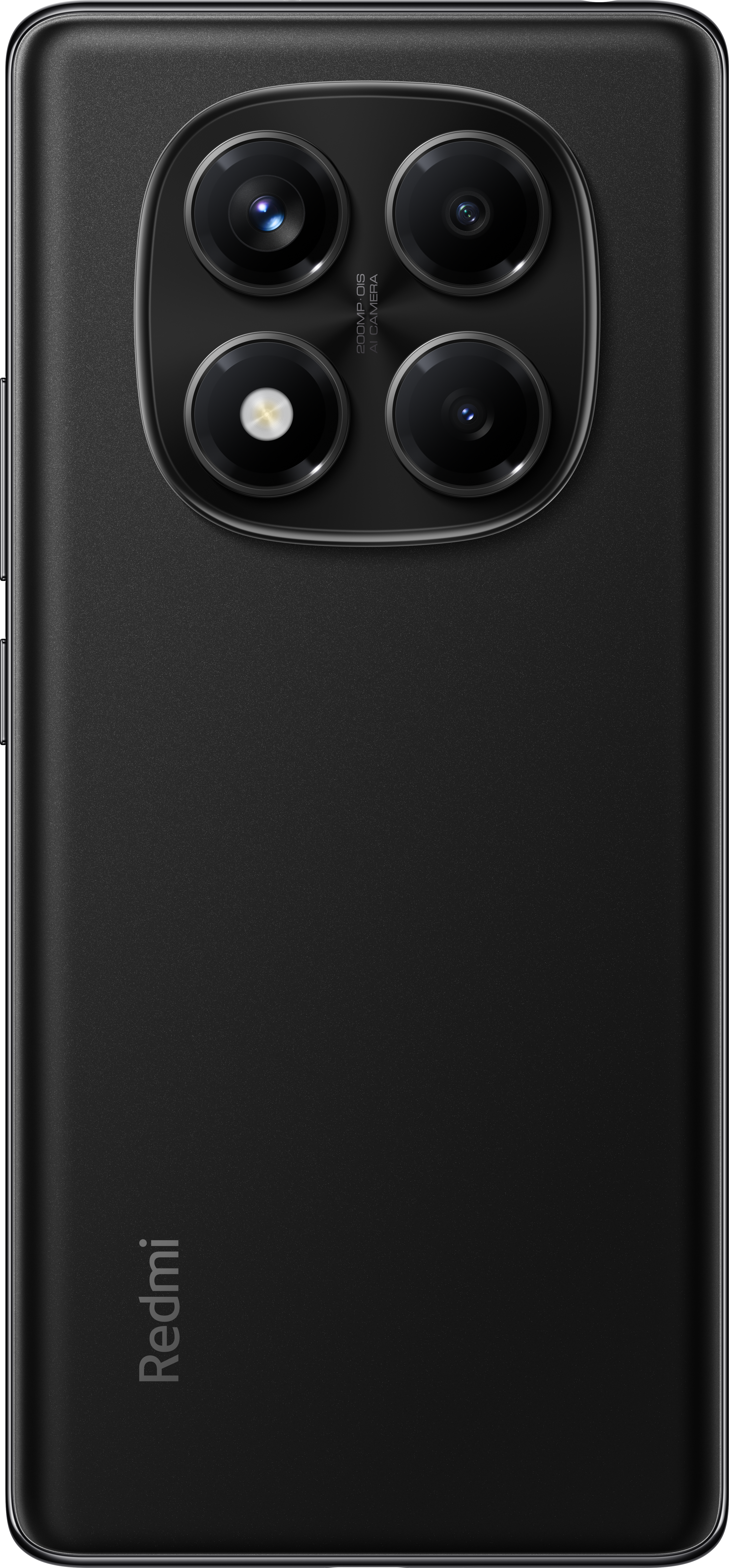 Schwarzes Smartphone mit vier Rückkameras und Redmi-Logo.