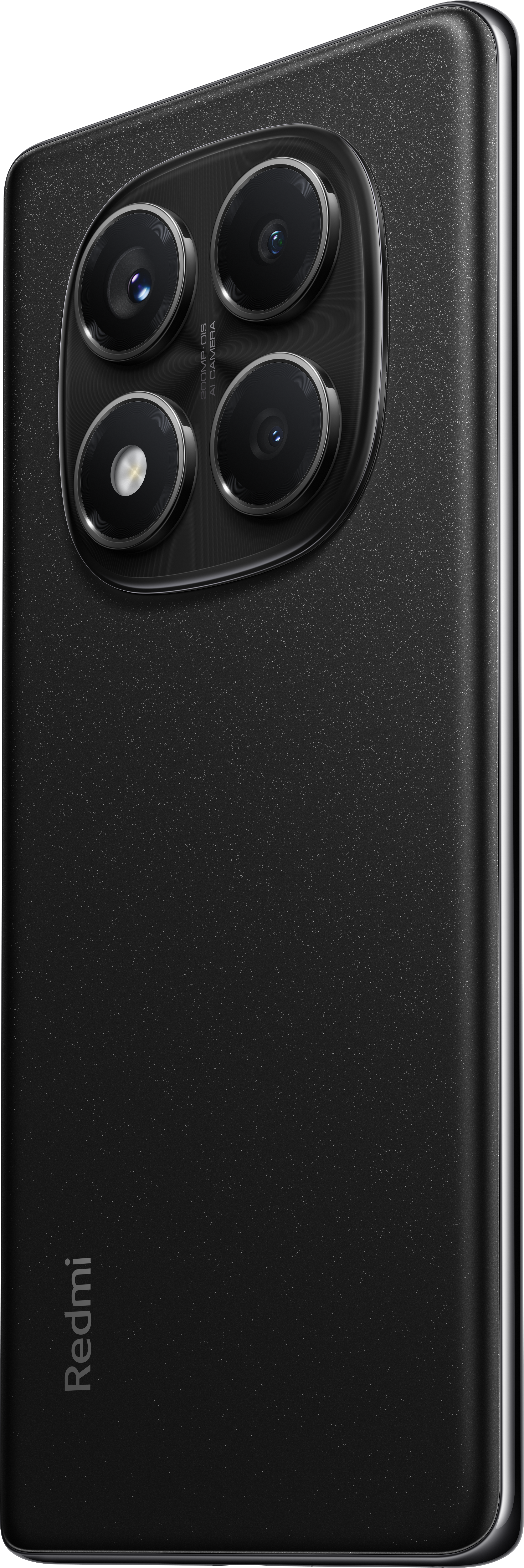 Schwarze Smartphone-Rückseite mit Kameralinsen. Redmi-Logo unten. Silberner Rahmen rechts. 200MP KI-Kamera.