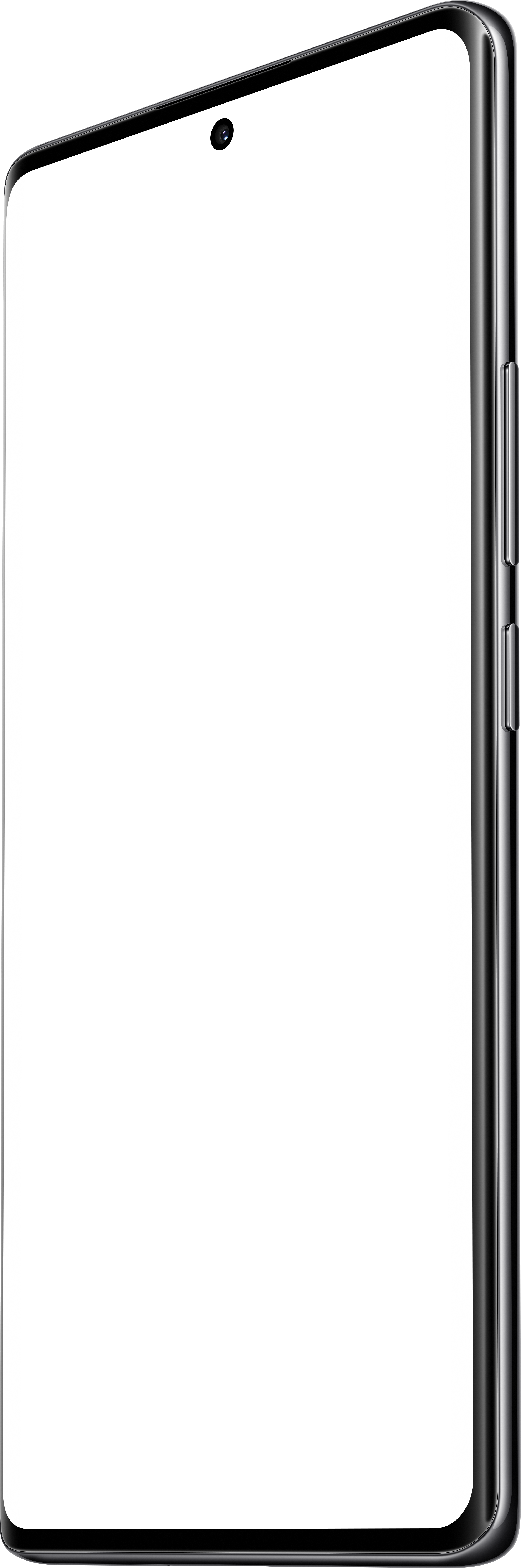 Smartphone-Profil, schwarzer Bildschirm, silberner Rahmen, seitliche Tasten.