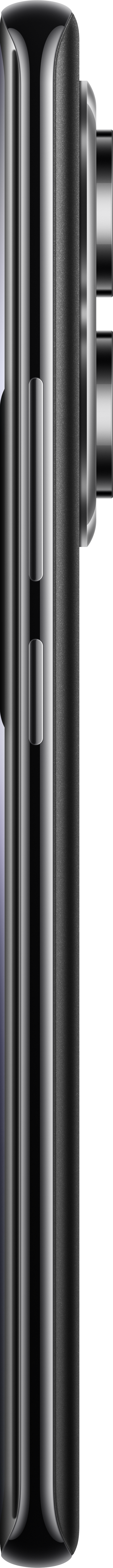 Seitenansicht eines Smartphones. Es hat einen glänzenden Metallrahmen, eine schwarze strukturierte Seite und Knöpfe.