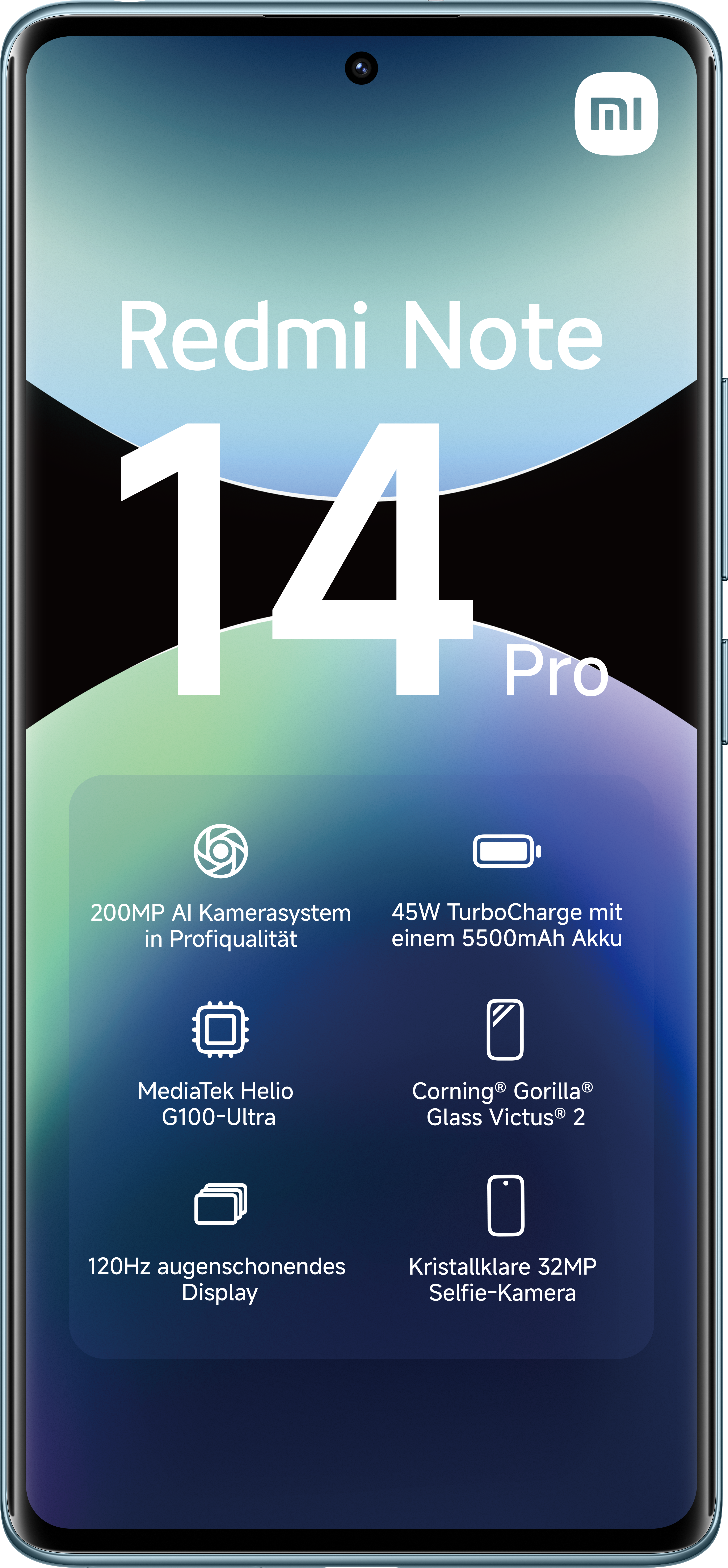 Redmi Note 14 Pro Telefon mit Funktionen, einschließlich 200MP KI-Kamera, 45W TurboCharge und 120Hz Display.