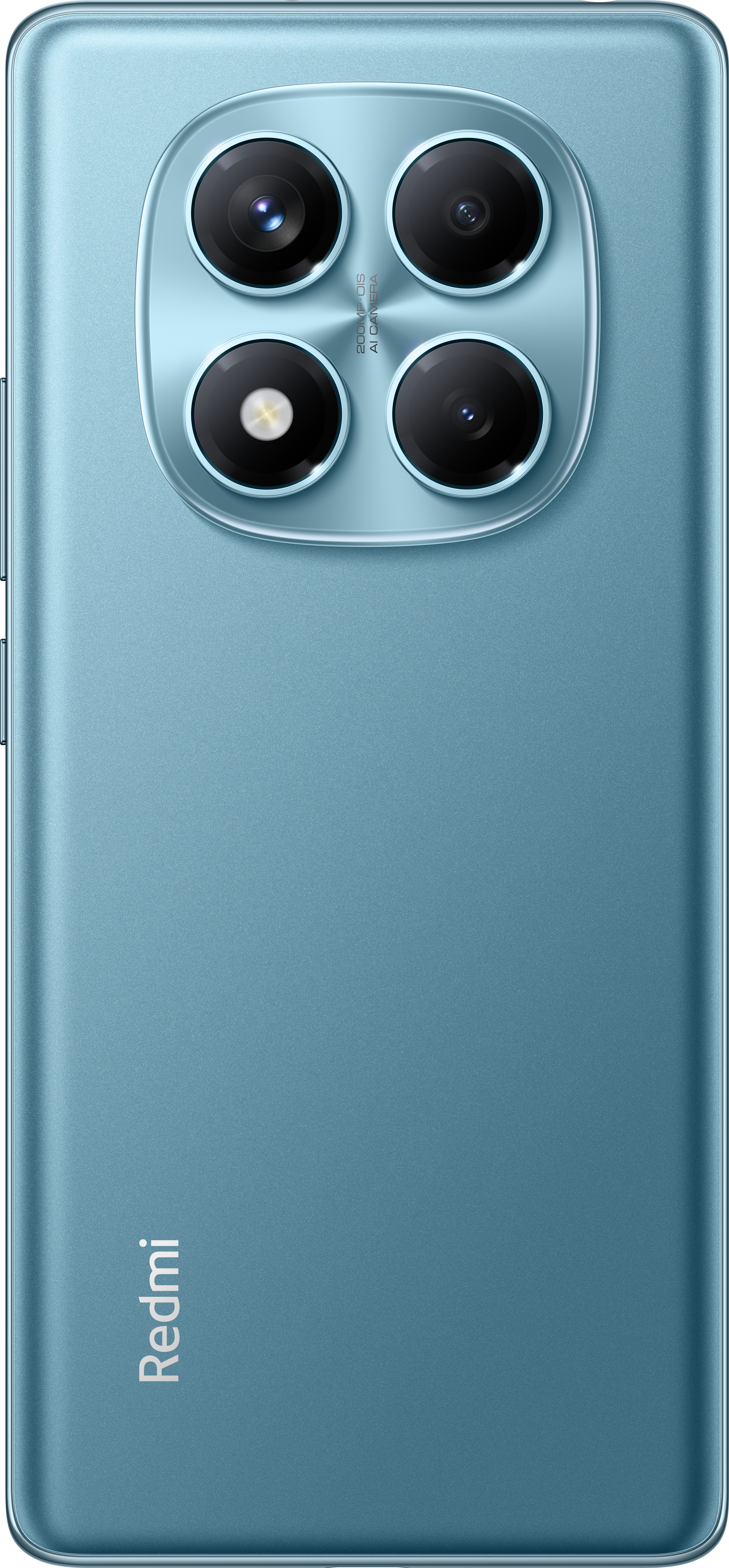 Rückseite eines blauen Smartphones. Vierfach-Kamera-Array mit Linsen. Redmi-Logo. Metallische Textur.