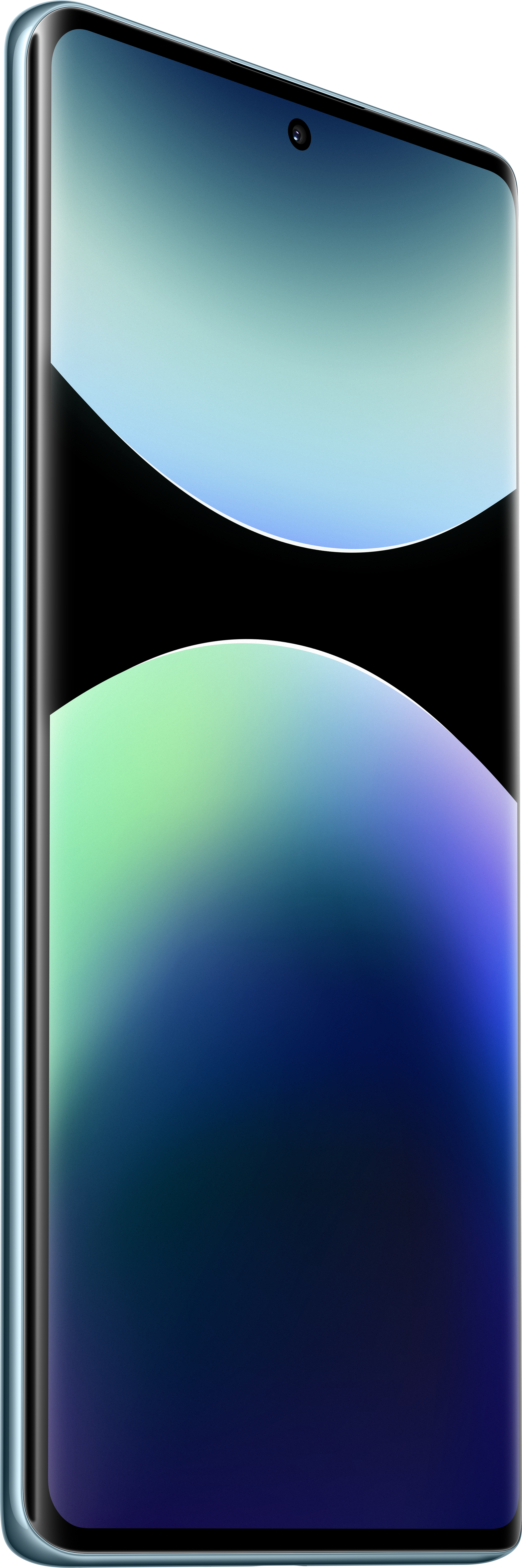 Smartphone mit gebogenem Bildschirm, Kamera und Farbverläufen. Türkisfarbener Rahmen, schwarze Kurve und blauer, grüner und violetter Hintergrund.