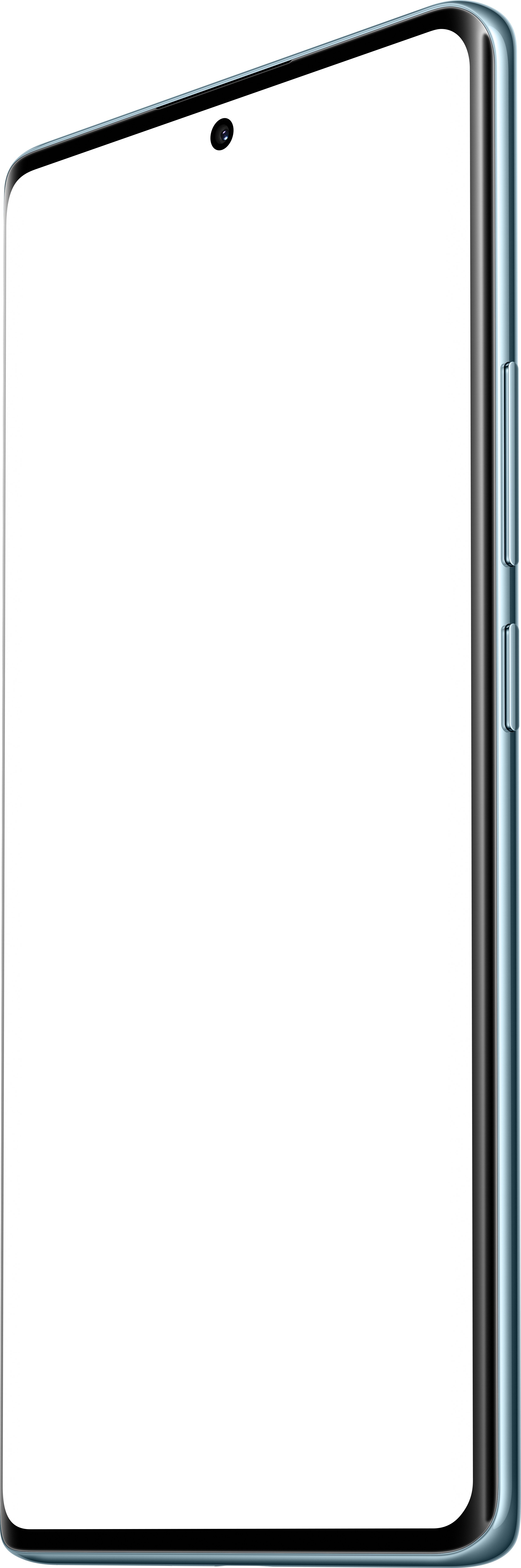 Ein hellblaues Smartphone auf schwarzem Hintergrund. Es hat einen gebogenen Bildschirm und Seitentasten.