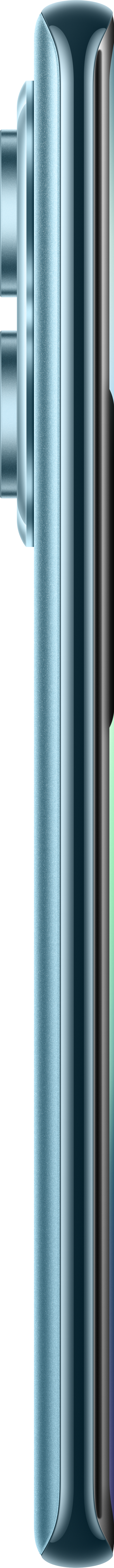 Nahaufnahme der Seite eines Smartphones. Hellblau mit metallischen Akzenten. Schwarzer Hintergrund.