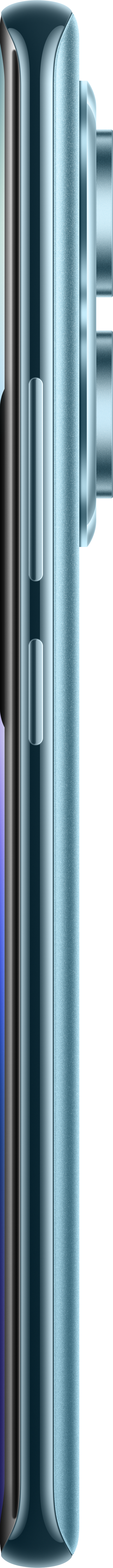 Seitenansicht eines Telefons mit schlankem, hellblauem Design und hervorstehender Kamera.