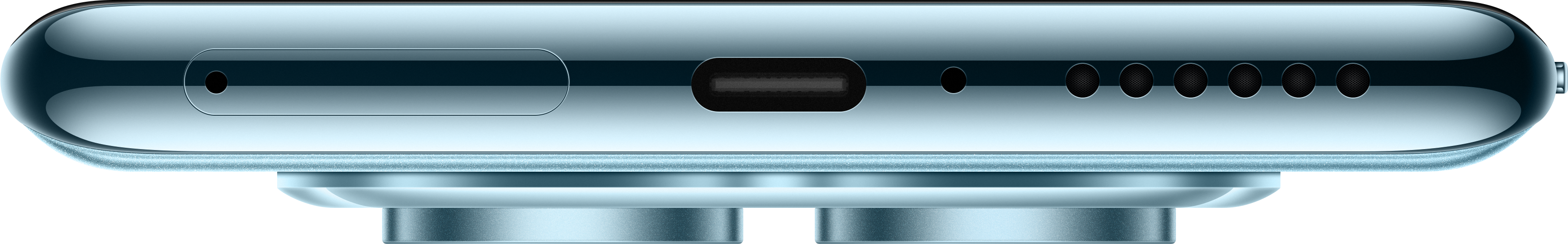 Seitenansicht eines hellblauen Smartphones. Zeigt Ladeanschluss, Mikrofon und Lautsprecherlöcher.