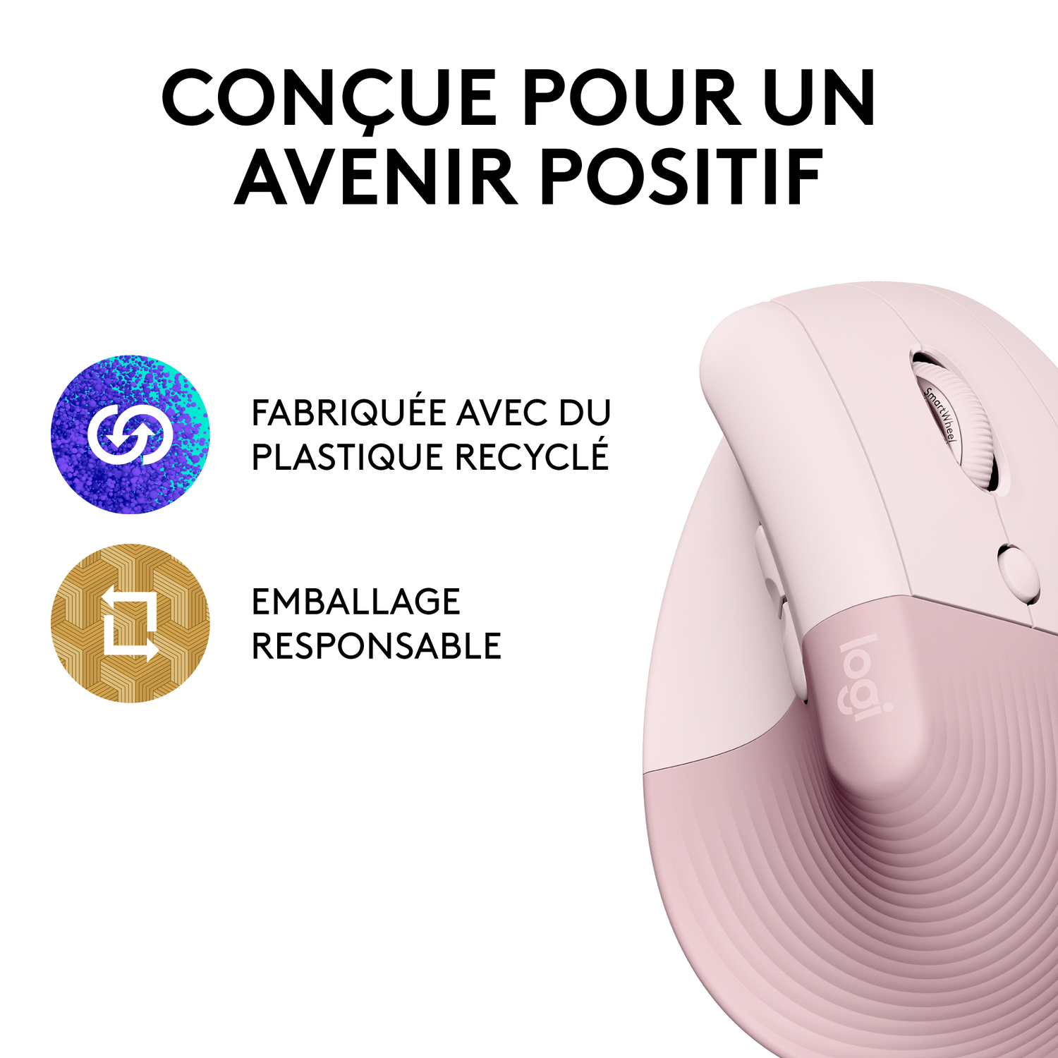 Souris ergonomique rose et blanche avec texte et icônes sur le recyclage et l'emballage.