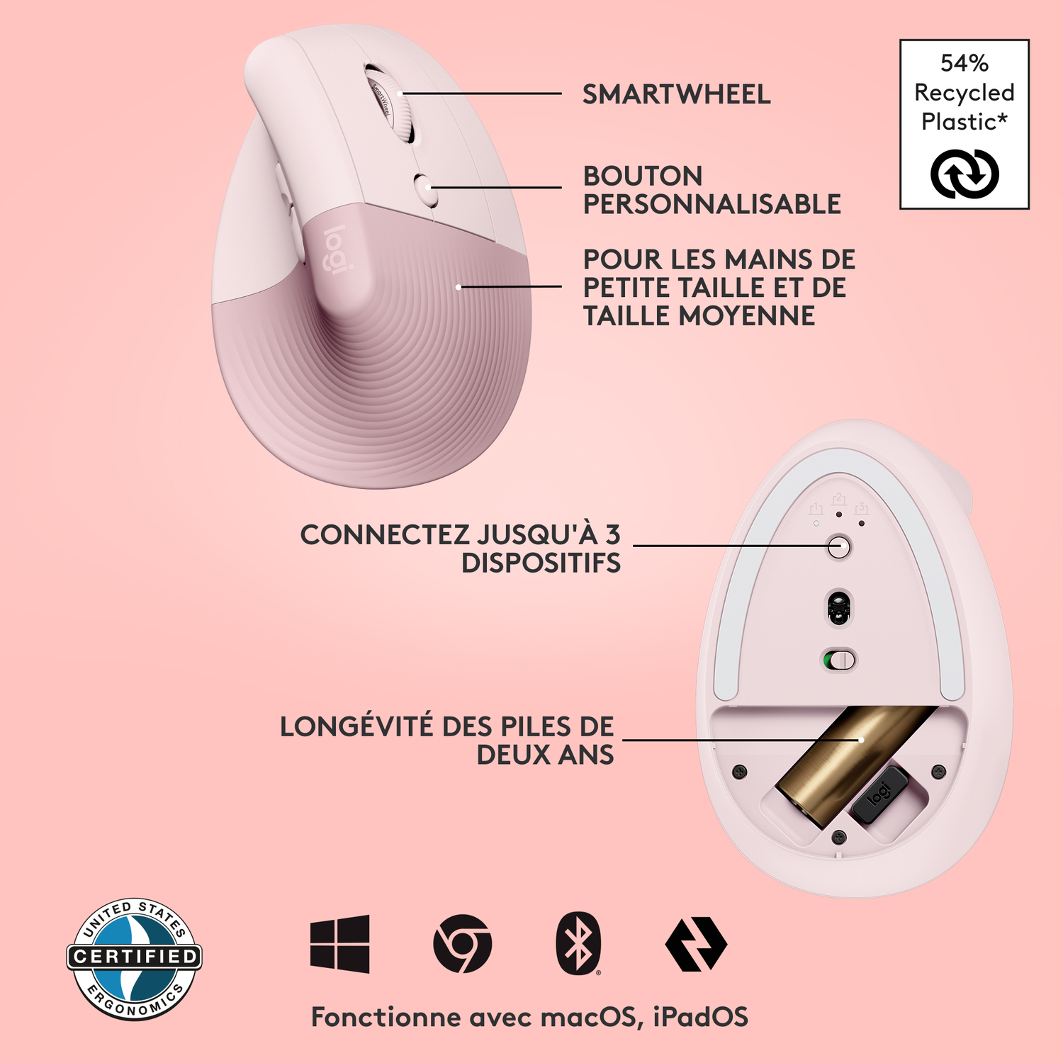 Souris ergonomique Logitech rose. Caractéristiques : Smartwheel et 2 ans d'autonomie.
