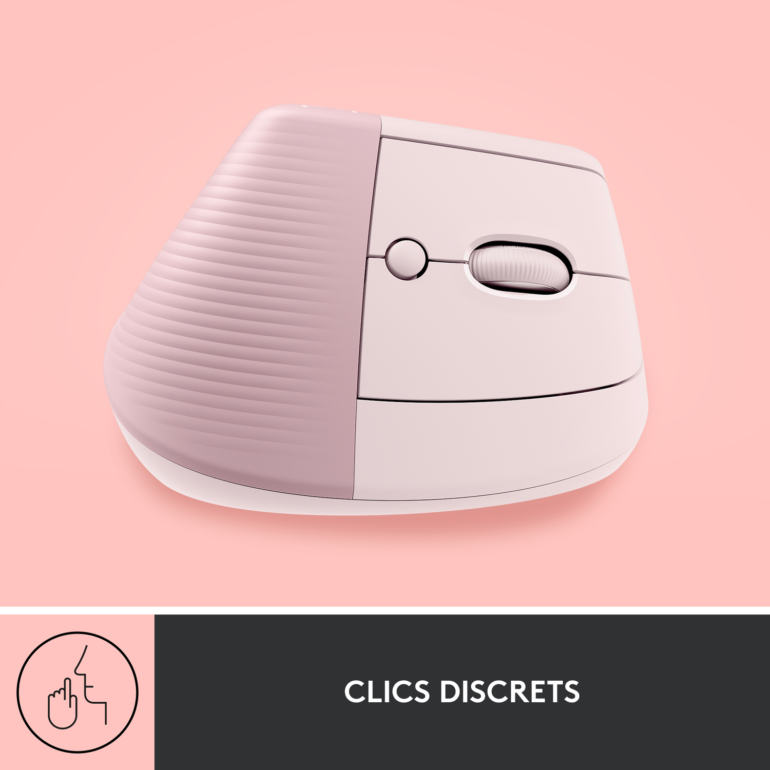 Souris verticale rose, design blanc et rose, avec boutons et molette, sur fond rose.