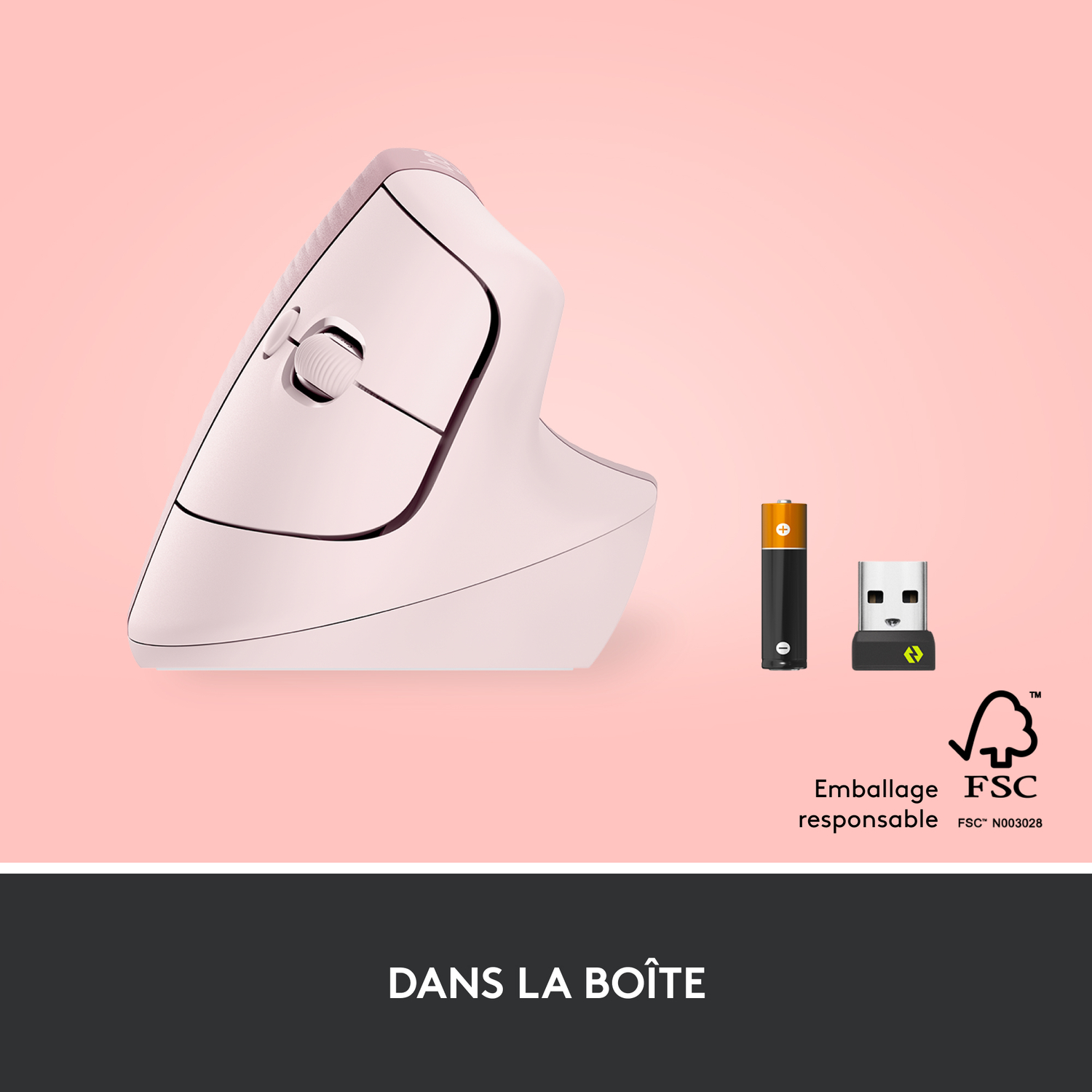 Souris verticale blanche avec fond rose. Piles et récepteur USB présents.