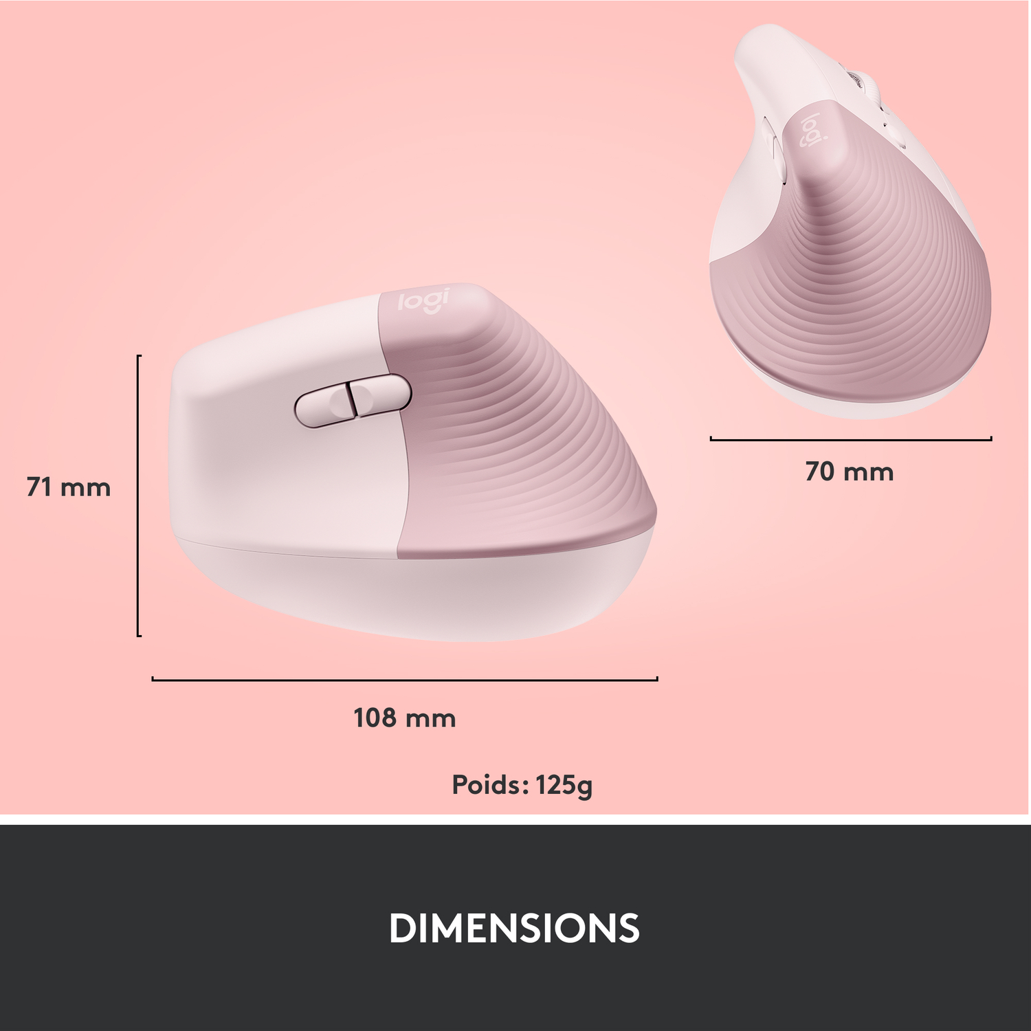 Souris verticale rose et blanche, avec dimensions et poids, sur fond rose.