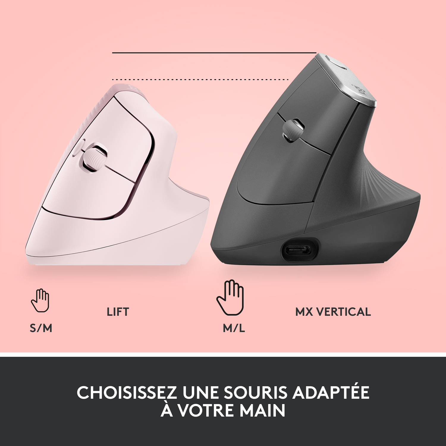 Comparaison de deux souris verticales, une rose, une noire, avec illustrations de mains, sur fond rose.