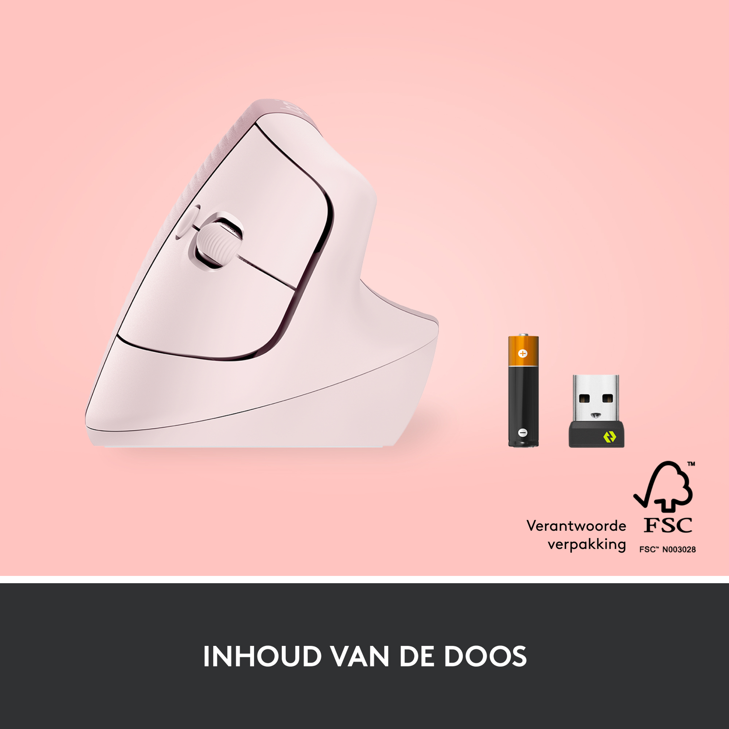 Pink vertical mouse with batteries and a USB receiver, against a pink background.