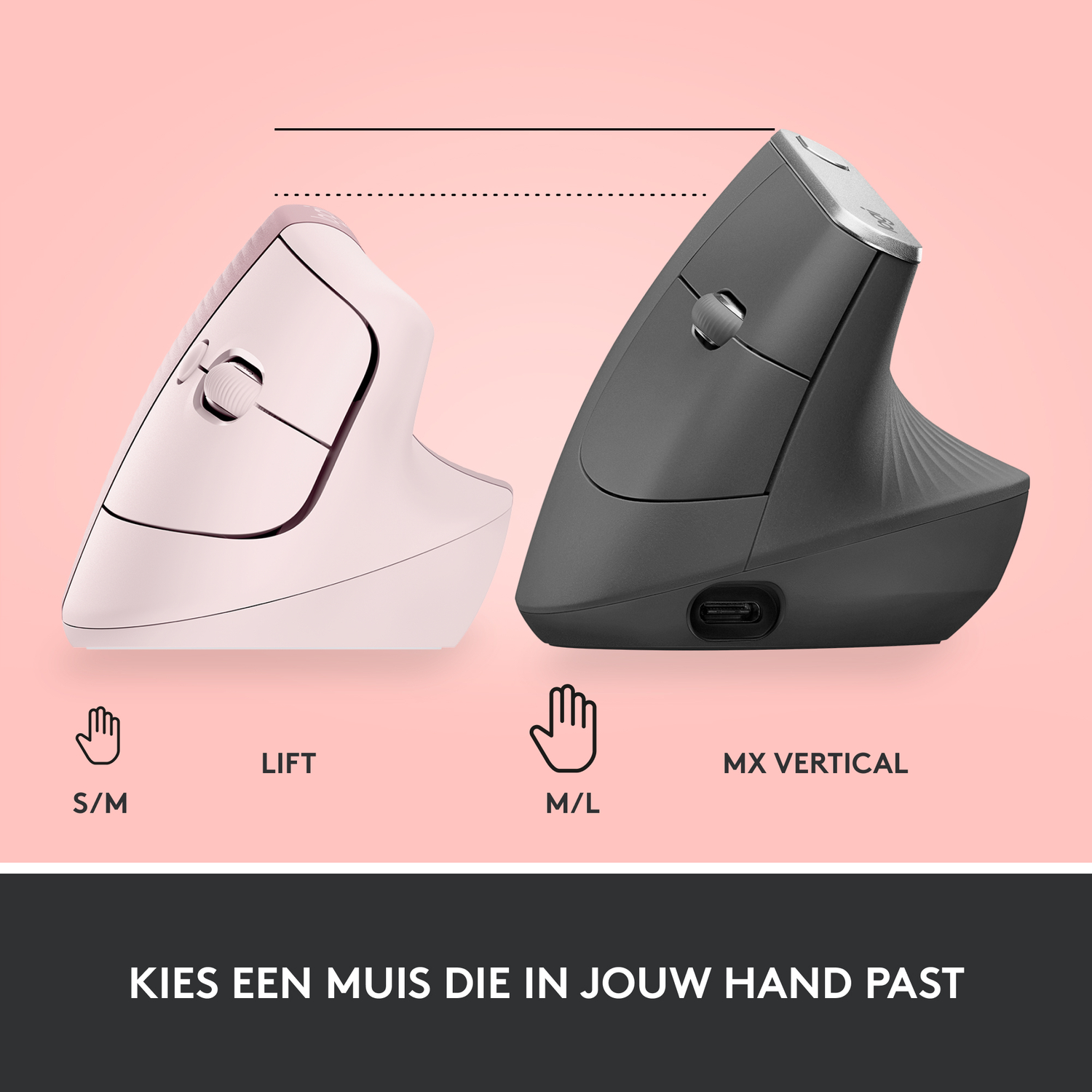 Comparison of two vertical mice, one pink and one black, with hand illustrations, on a pink backdrop.