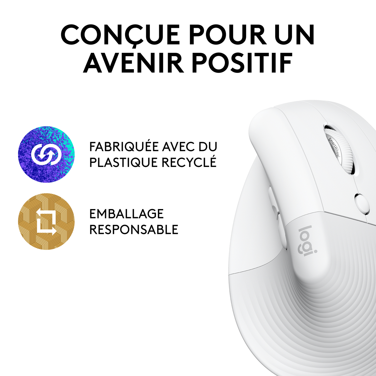 Souris blanche avec icônes : plastique recyclé, emballage responsable. Texte : Conçu pour un avenir positif.