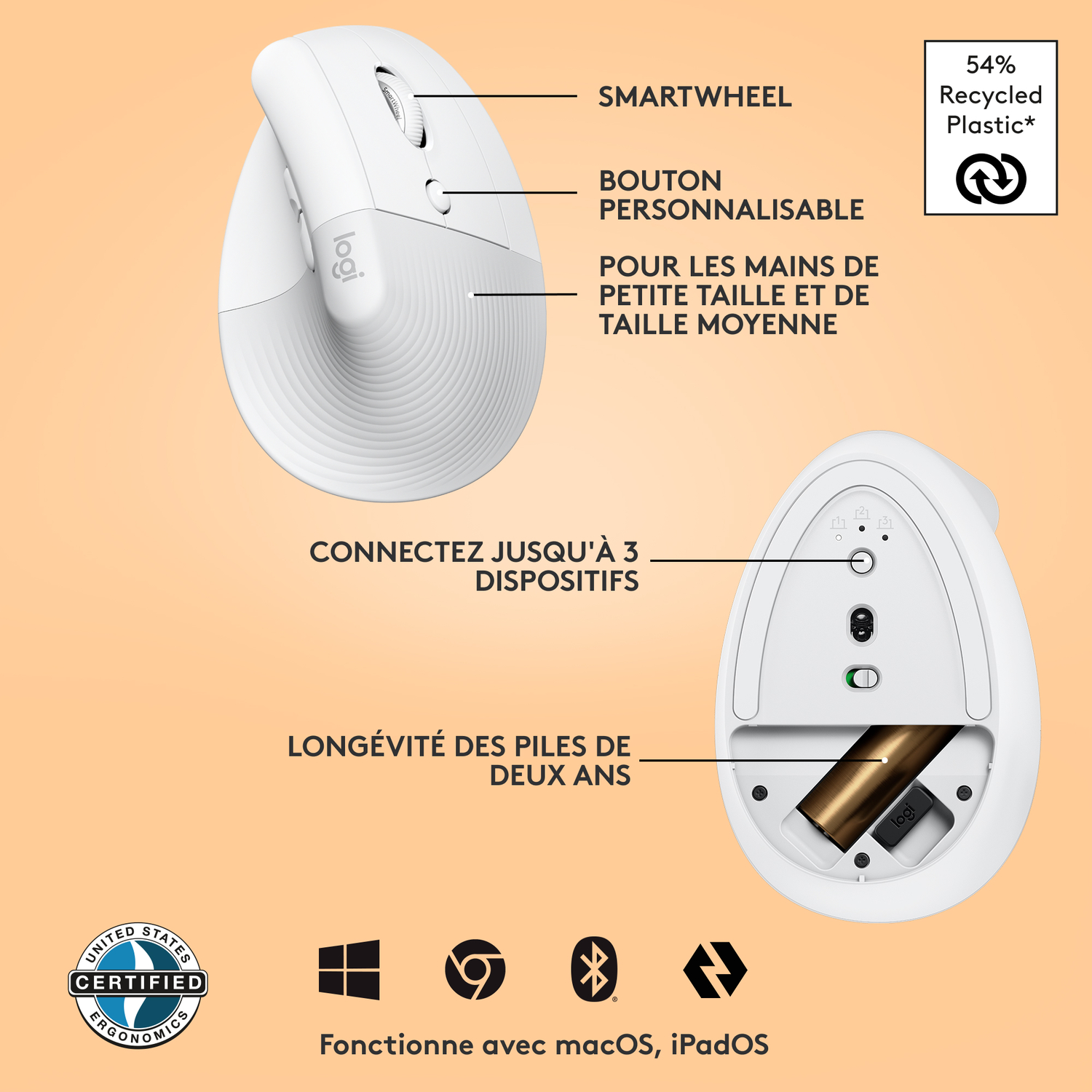 Détails de la souris blanche : Smartwheel, bouton personnalisable, jusqu'à 3 appareils, 2 ans de batterie. Compatible avec macOS, iPadOS.