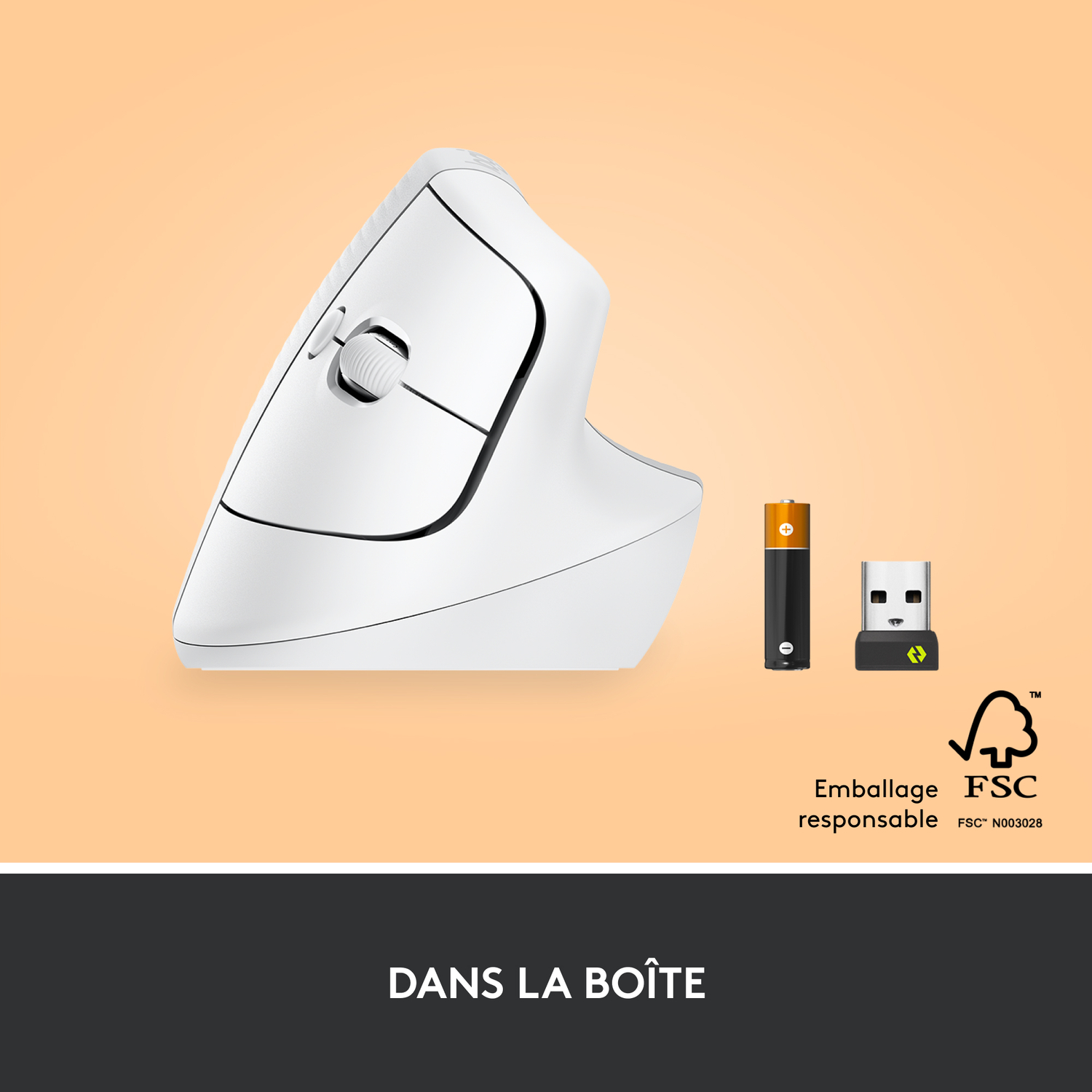 Souris blanche, batterie et récepteur USB sur fond orange. Texte : Dans la boîte.
