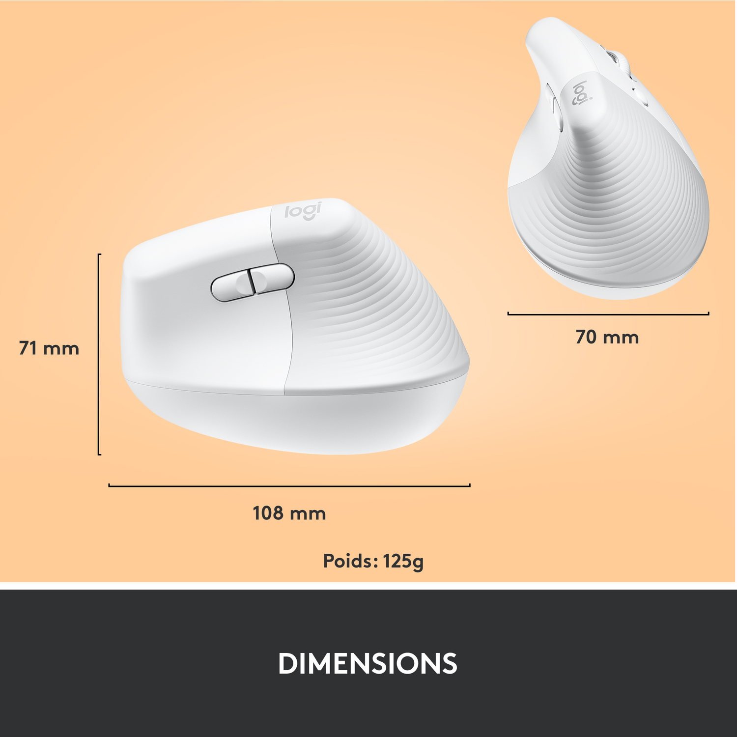Deux souris ergonomiques Logitech blanches. Dimensions: 108x71x70mm. Poids: 125g. Texte «Dimensions» en bas.