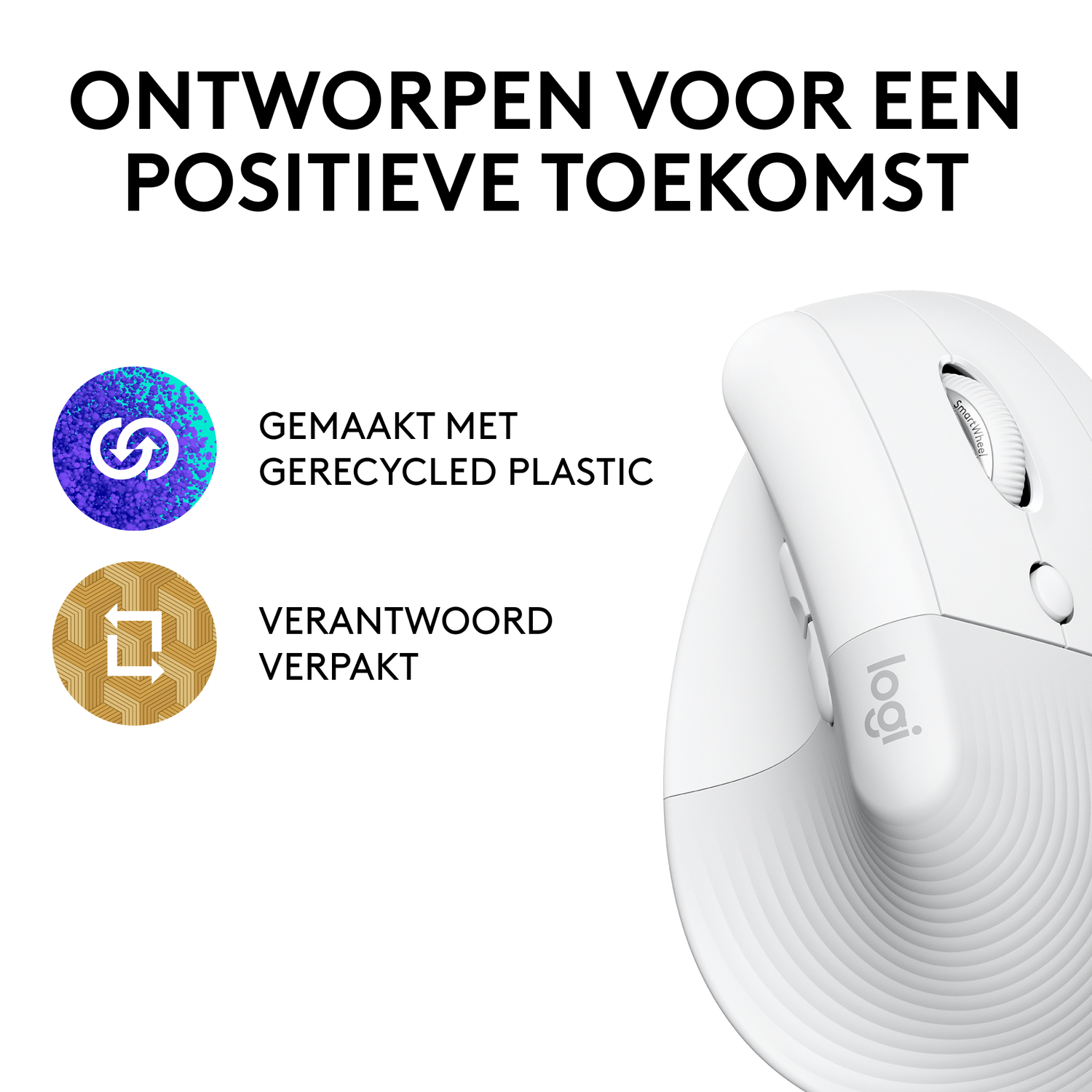 White mouse with logo and two icons for recycled plastic and responsible packaging.