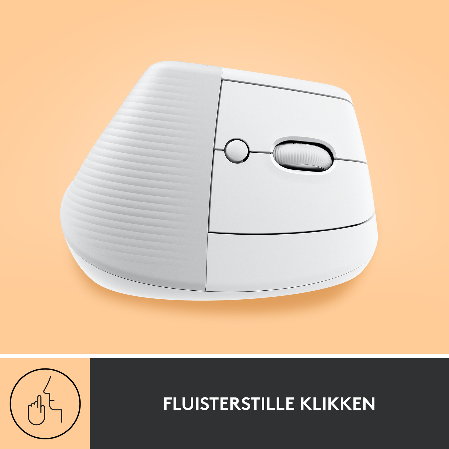A white ergonomic mouse, angled view. Orange background, text at bottom, and a logo.