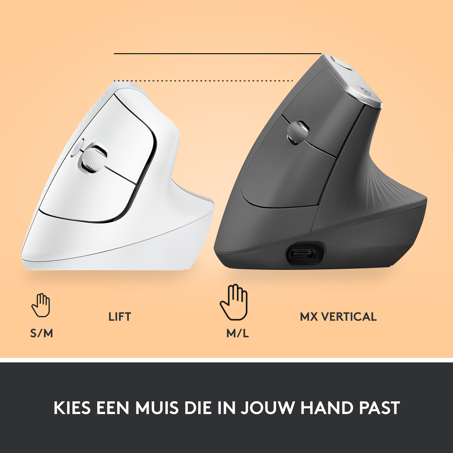 Two mice side-by-side, one white and one dark gray. Text: Choose a mouse that fits your hand.