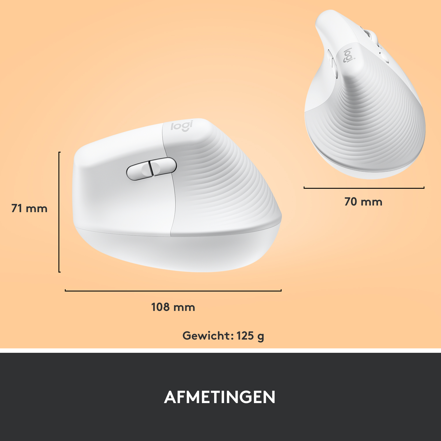 White vertical ergonomic mouse with dimensions.