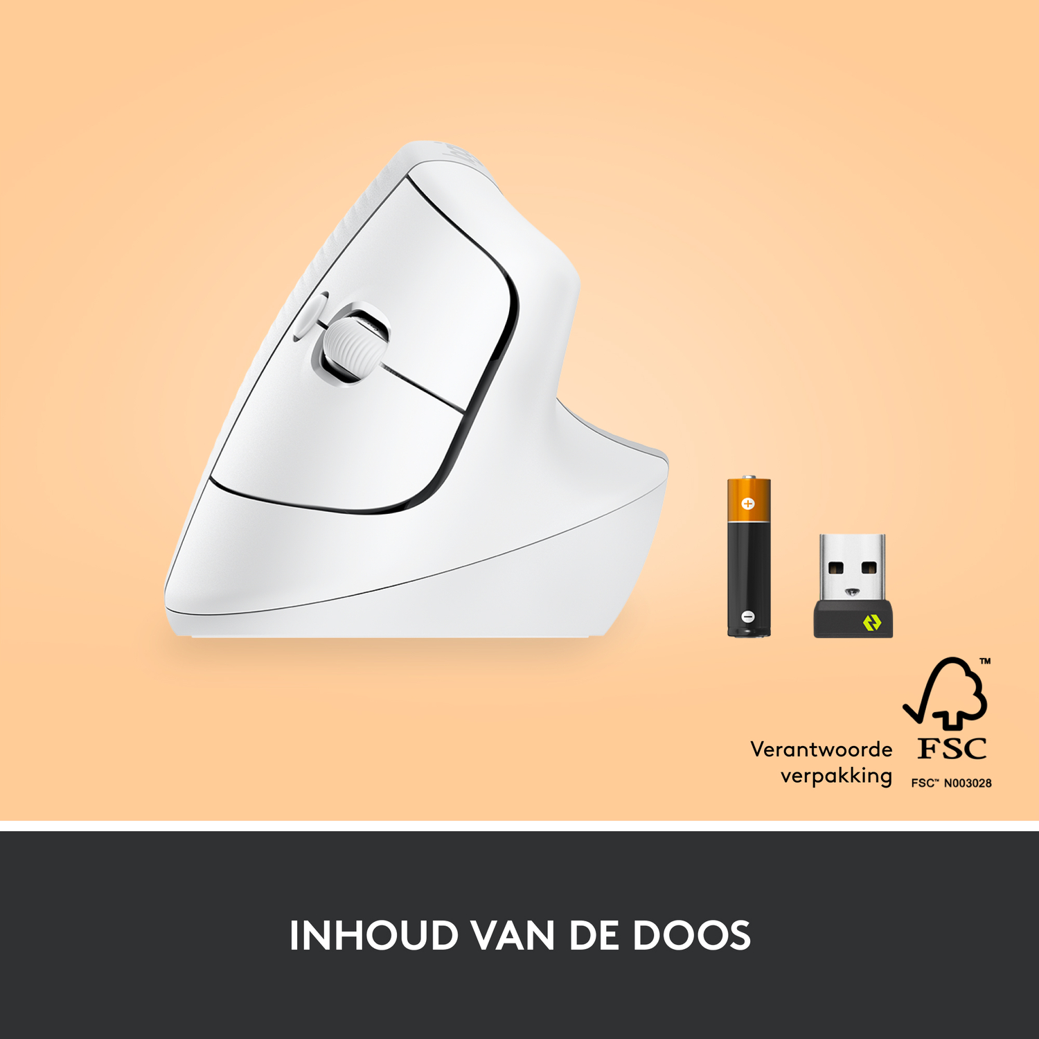 White vertical mouse with a USB receiver, and a battery.