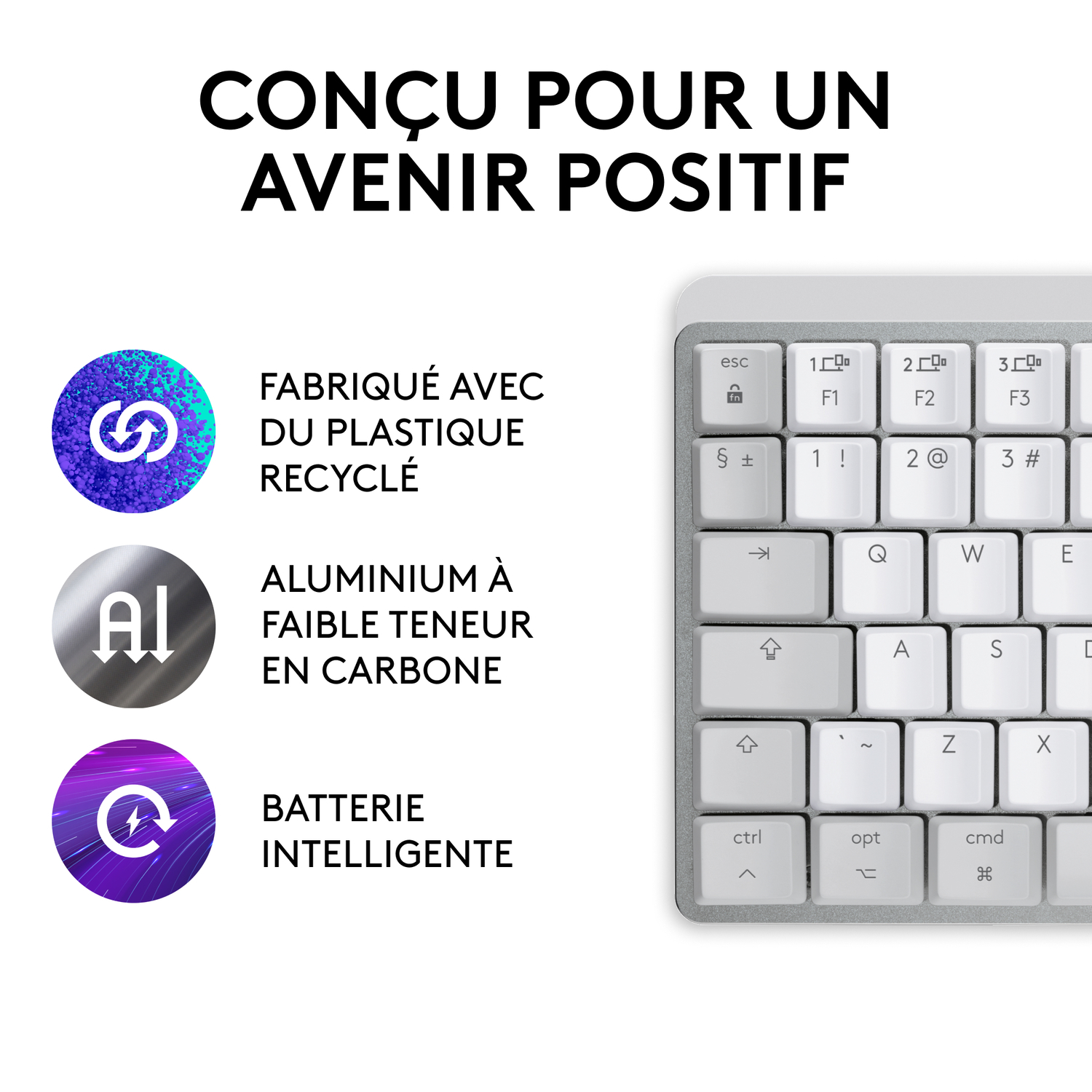 Détails du clavier : plastique recyclé, aluminium à faible teneur en carbone et batterie intelligente. Texte : Conçu pour un avenir positif.
