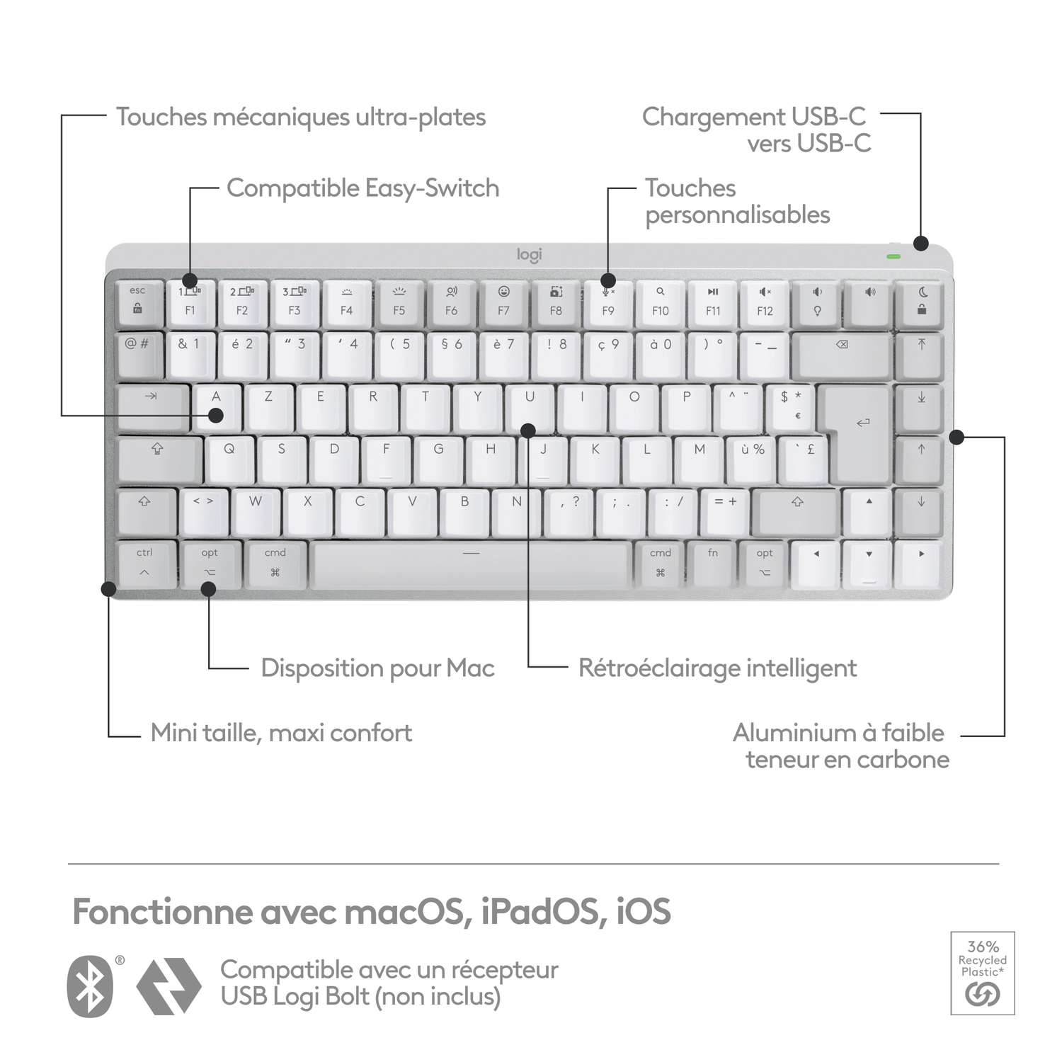Clavier gris sur surface blanche. Comprend touches, étiquettes et symboles. Pour Mac.