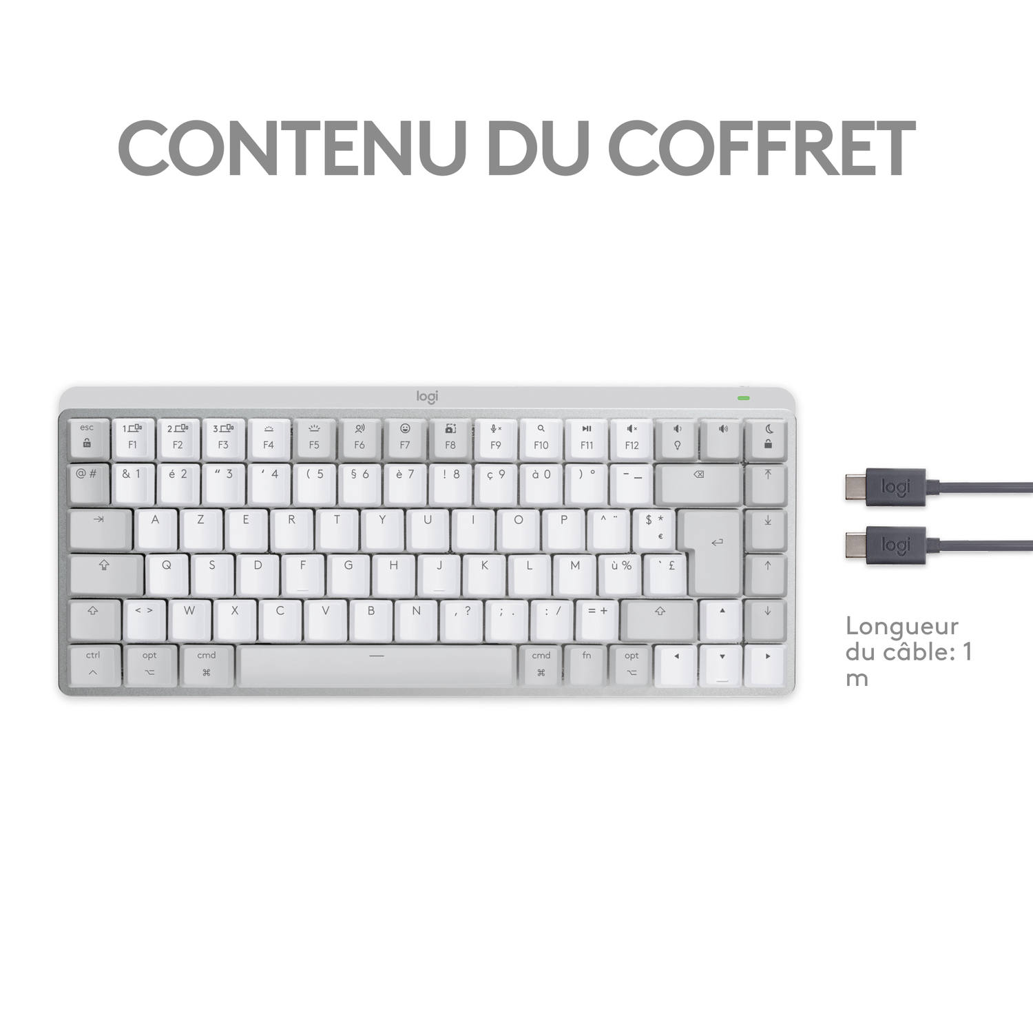 Clavier et câble blancs sur fond blanc. Texte en français.