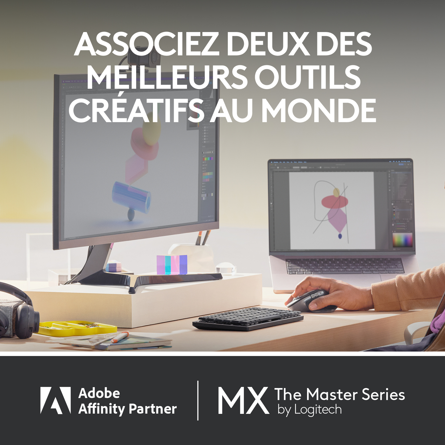 Deux moniteurs affichant des logiciels créatifs. Le logo MX Master Series et Adobe est visible.