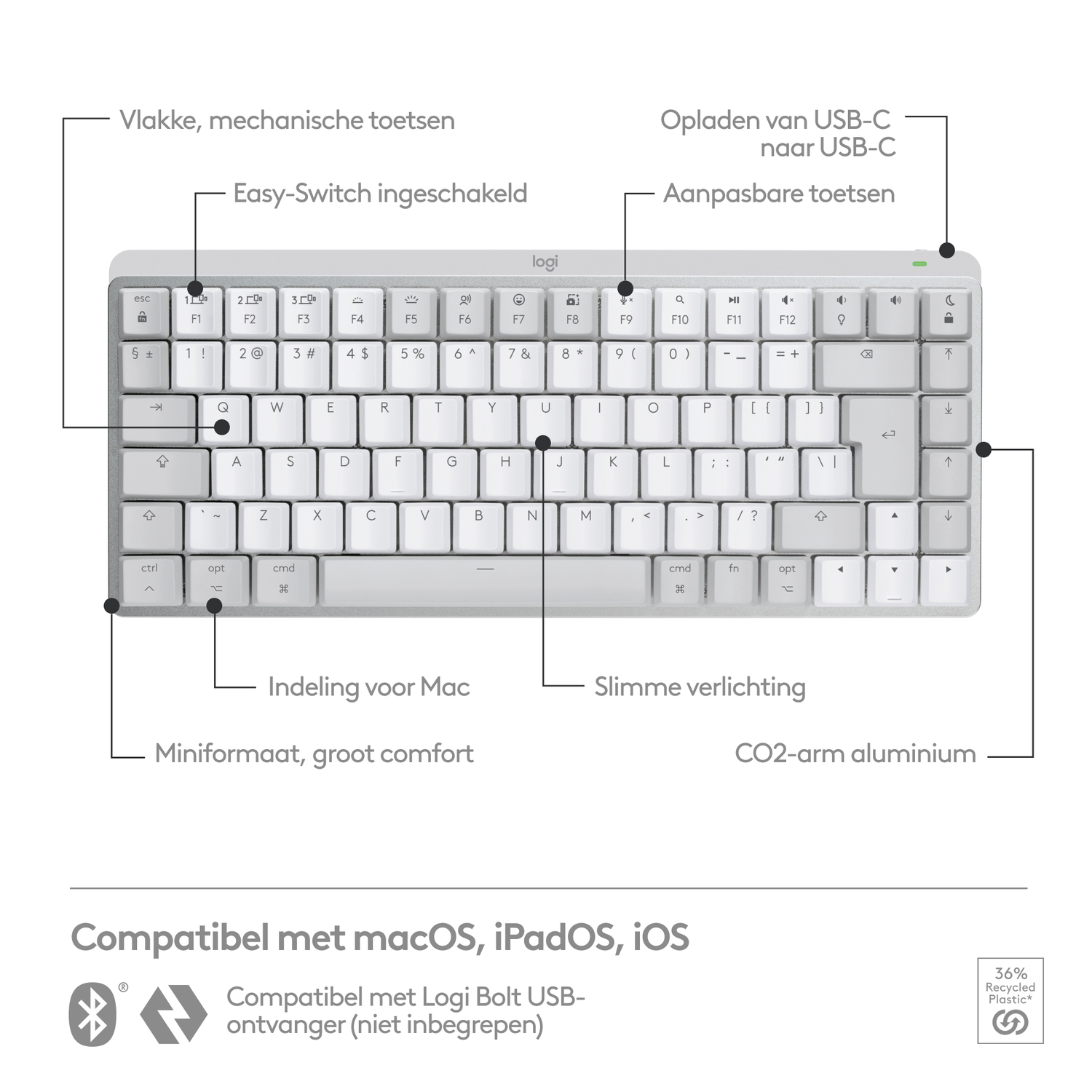 Toetsenborddetails: Platte toetsen, Easy-Switch, USB-C opladen en Mac-indeling. 36% gerecycled plastic.