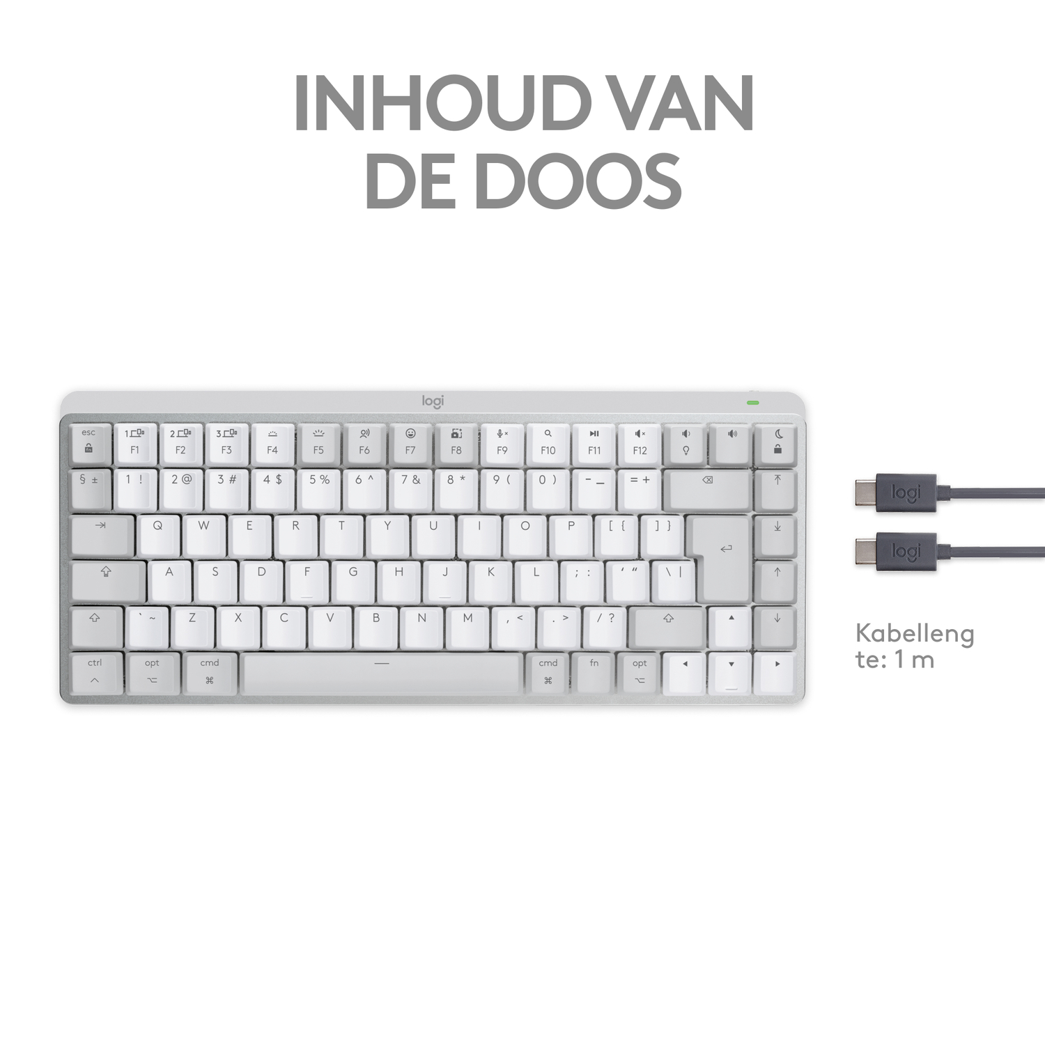 Wit toetsenbord met toetsen en een USB-C-kabel, de inhoud van de doos wordt getoond.