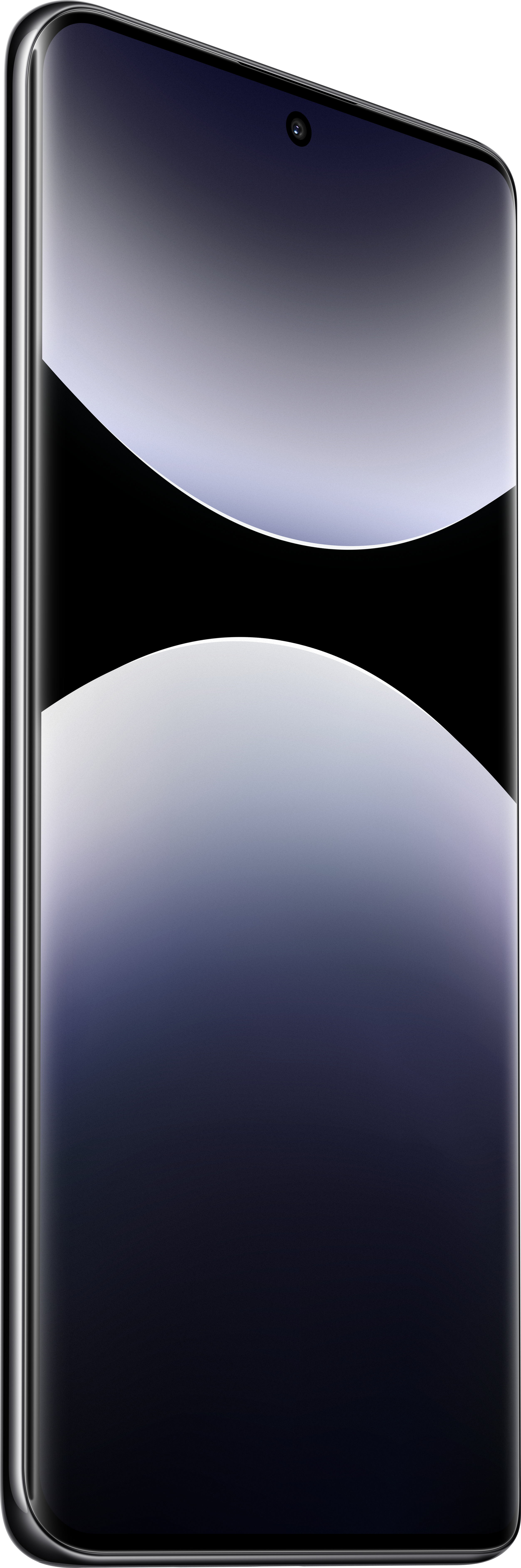 Ein Smartphone in perspektivischer Ansicht. Der Bildschirm zeigt abstrakte weiße Formen auf dunklem blauem Hintergrund.