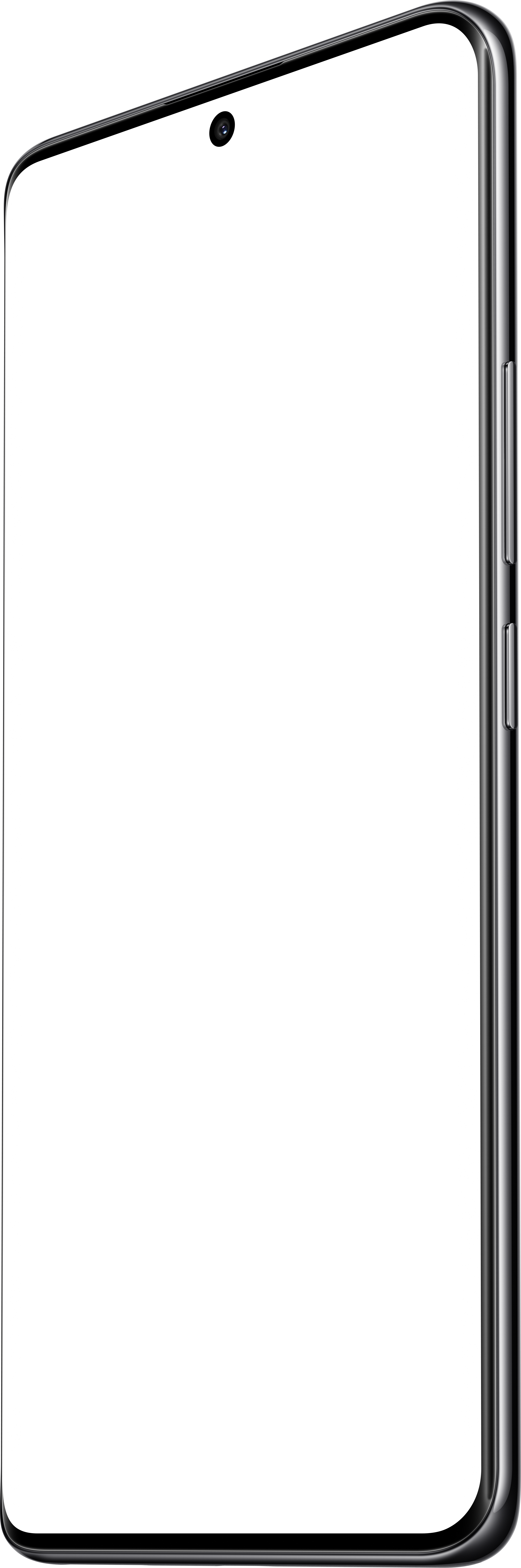 Ein silbernes Smartphone, zur Seite geneigt, mit schwarzem Bildschirm. Der Hintergrund ist schwarz.