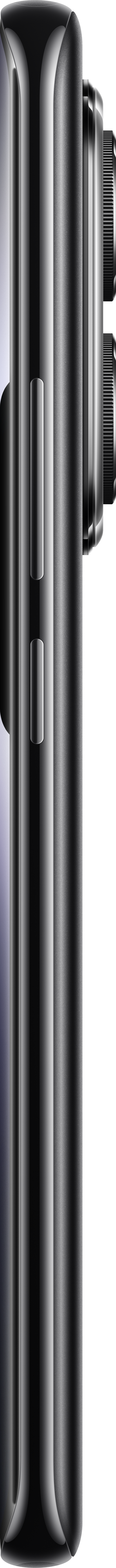 Seitenansicht eines silbernen Smartphones mit Tasten und Kameradetails. Schwarzer Hintergrund.