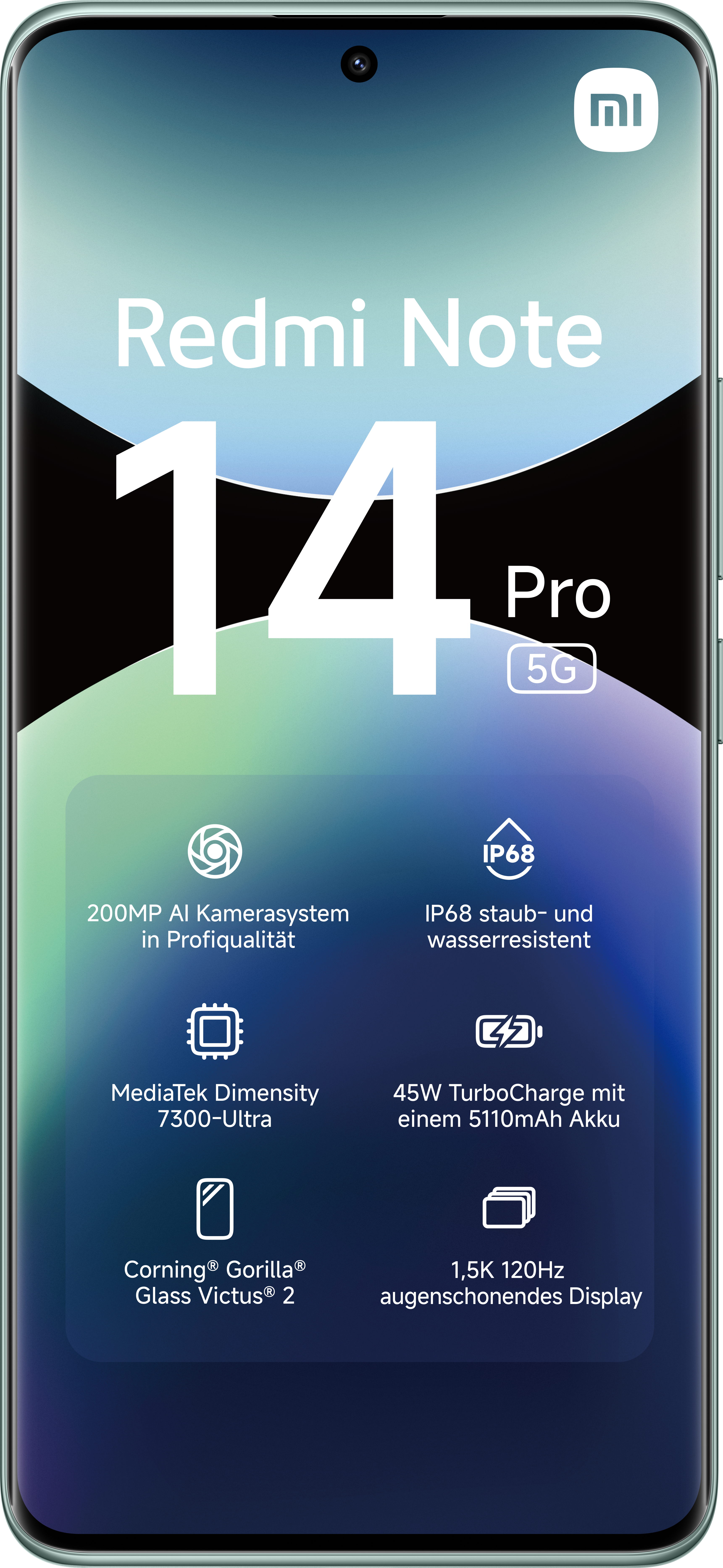 Smartphone: 'Redmi Note 14 Pro 5G'. Funktionen: 200MP Kamera, IP68, MediaTek Dimensity, 45W TurboCharge und Gorilla Glass.