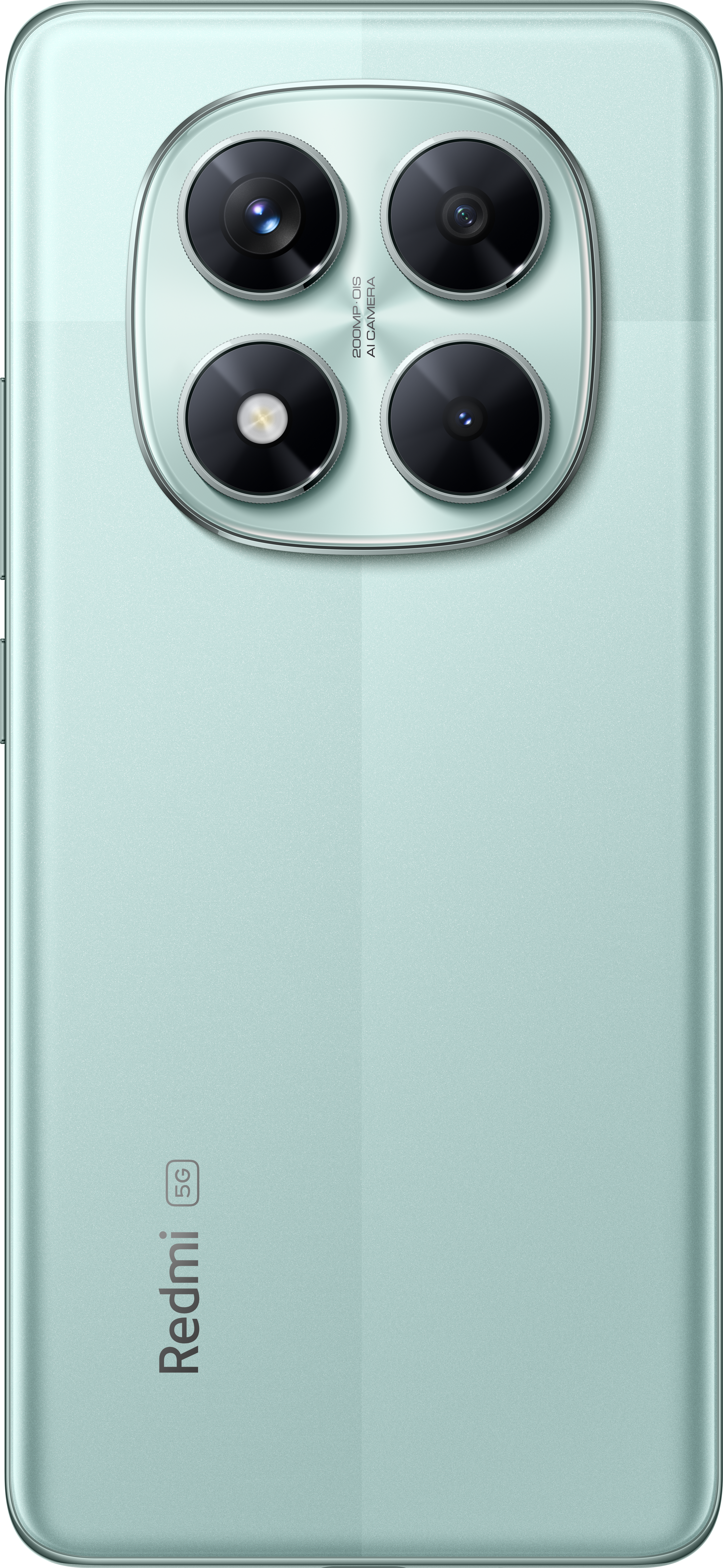 Rückseite eines tealfarbenen Smartphones mit Quad-Kamera-Anordnung. Das Telefon hat das Redmi-Logo und 5G-Kennzeichnung.