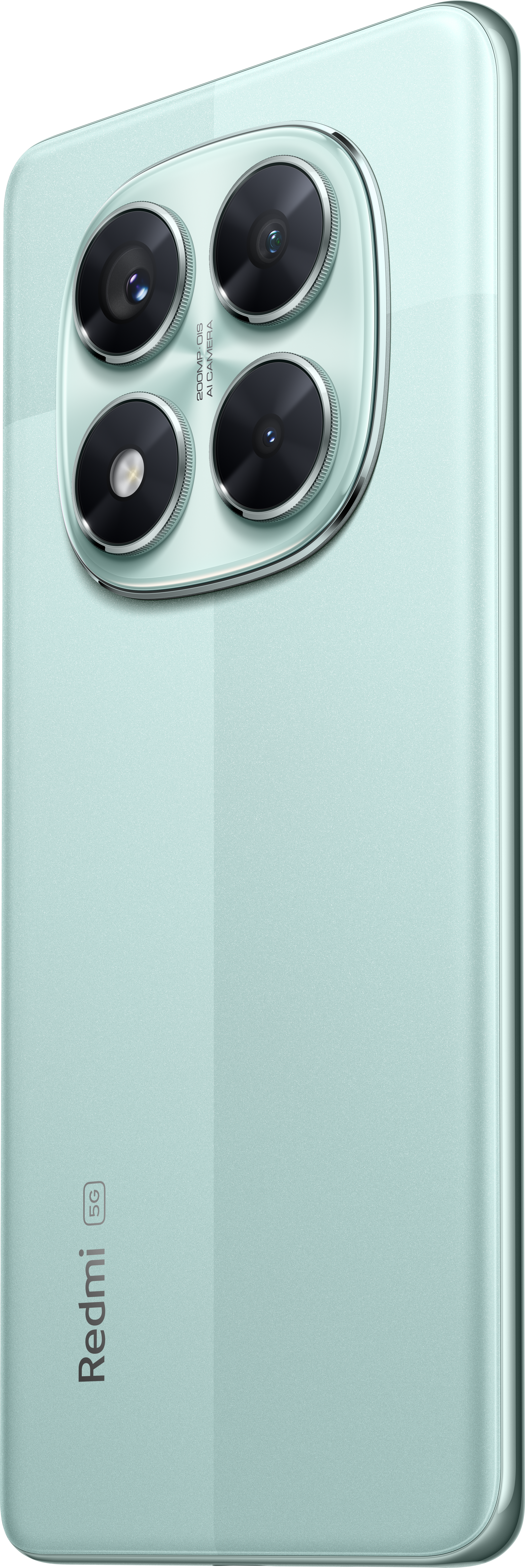 Rückseite eines mintgrünen Smartphones mit vier Kameras und Redmi-Logo. Kamerabuckel silberfarben, 200MP KI-Kamera.