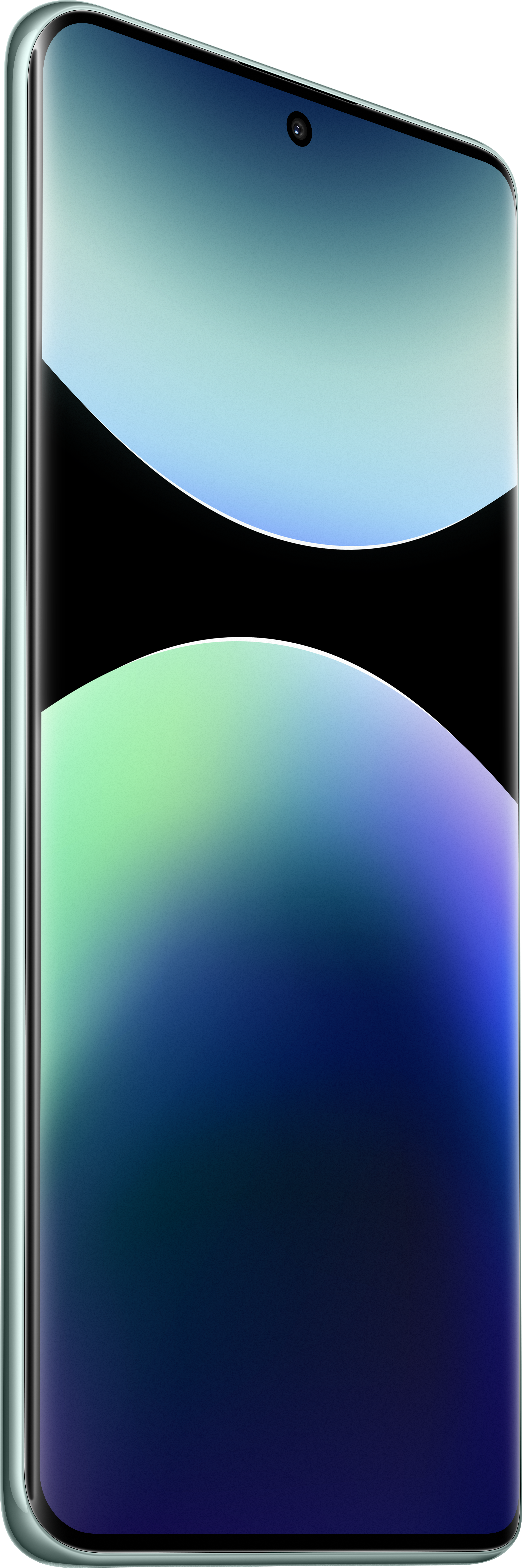 Schlankes Smartphone, mintgrüner Rahmen, schwarzer Bildschirm, blau-grüner Farbverlauf.
