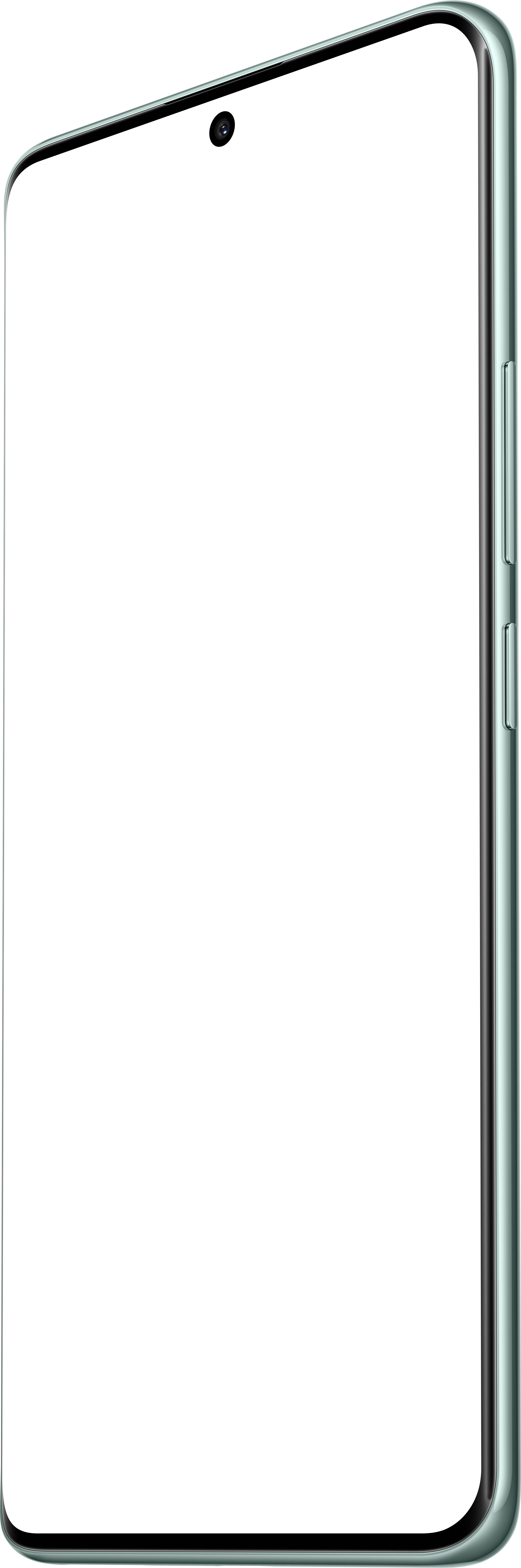 Ein mintgrünes Smartphone wird in einer 3/4-Ansicht gezeigt. Es hat einen schwarzen Bildschirm und Knöpfe an der Seite. Der Hintergrund ist schwarz.