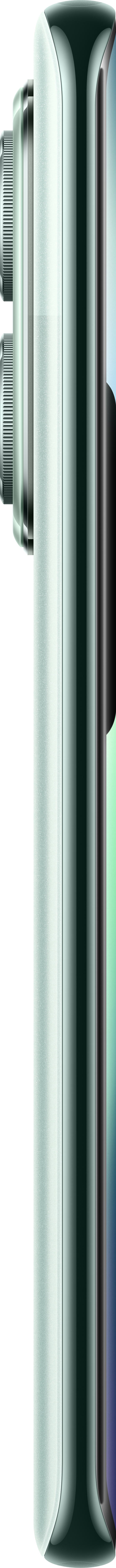 Seitenansicht eines hellgrünen Smartphones. Das Telefon hat einen schwarzen Rahmen und Hintergrund.