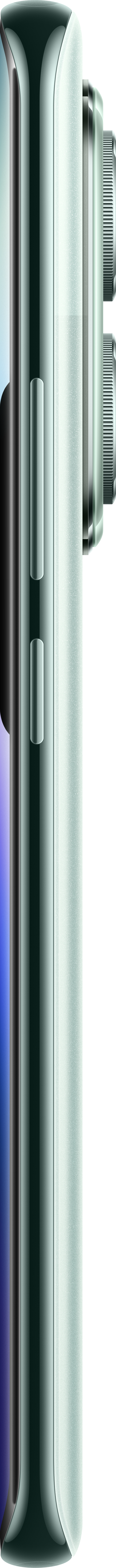Seitenansicht eines Smartphones mit glänzendem silbernen Rahmen. Die Seite hat Knöpfe und eine Kamera.