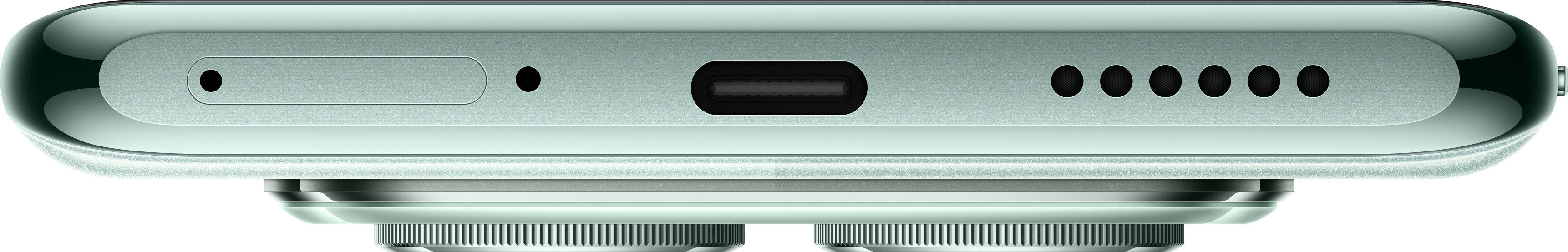 Nahaufnahme der Unterkante eines Geräts. Merkmale: USB-C-Anschluss, Mikrofone, Lautsprechergitter.